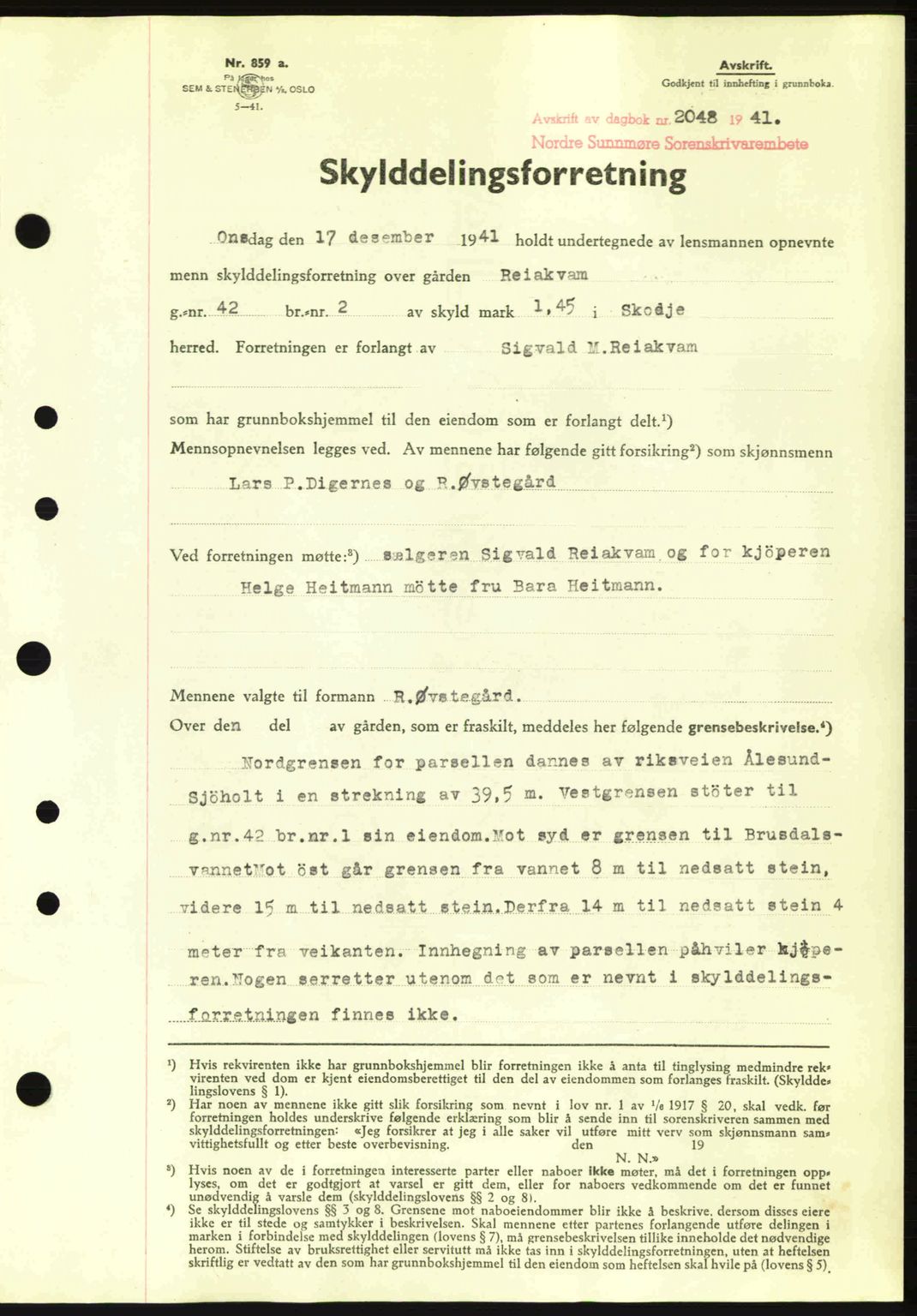 Nordre Sunnmøre sorenskriveri, AV/SAT-A-0006/1/2/2C/2Ca: Pantebok nr. A12, 1941-1942, Dagboknr: 2048/1941