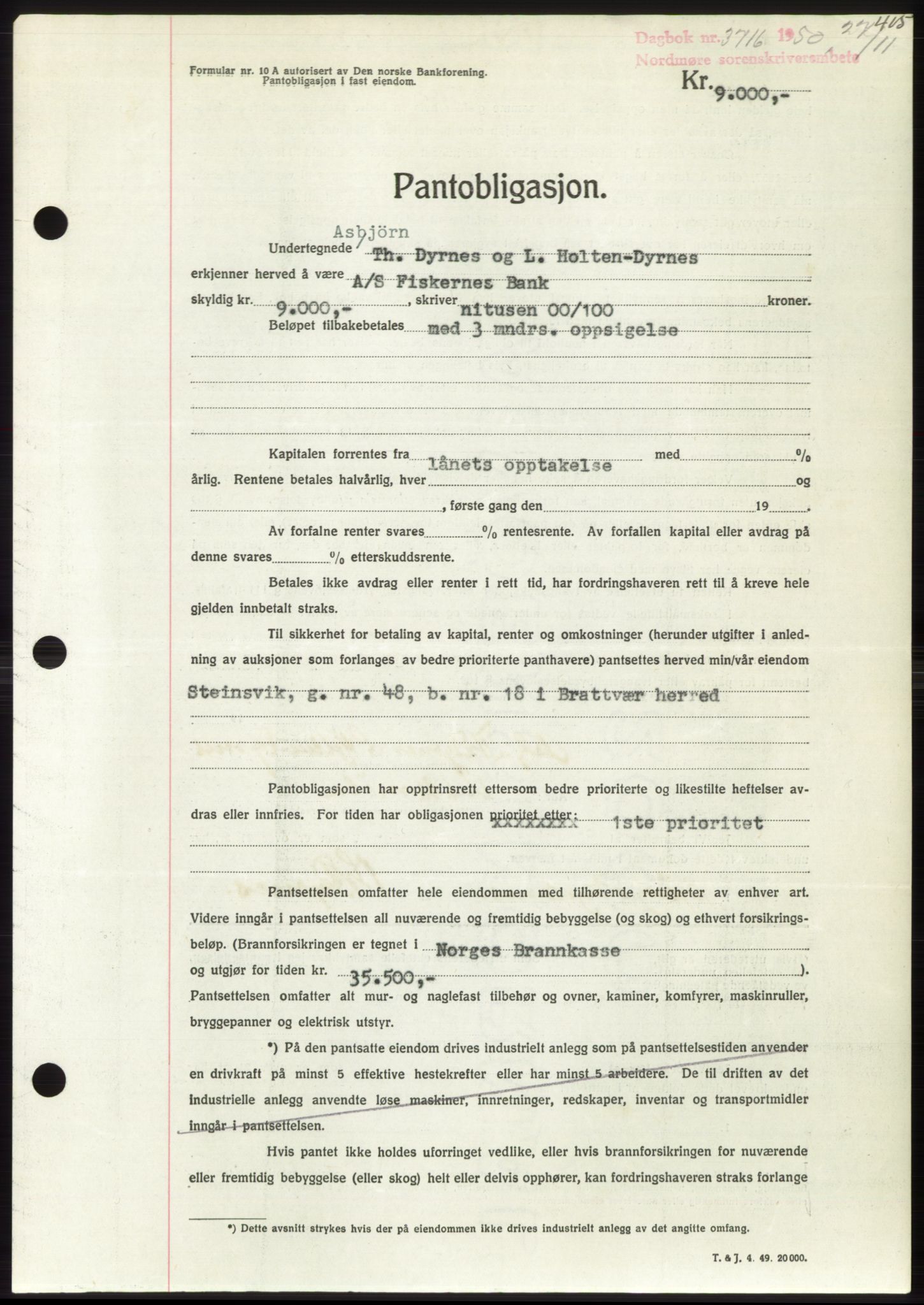 Nordmøre sorenskriveri, SAT/A-4132/1/2/2Ca: Pantebok nr. B106, 1950-1950, Dagboknr: 3716/1950