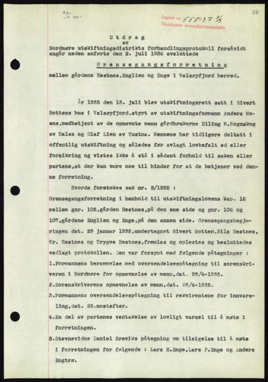 Nordmøre sorenskriveri, SAT/A-4132/1/2/2Ca: Pantebok nr. A81, 1937-1937, Dagboknr: 558/1937