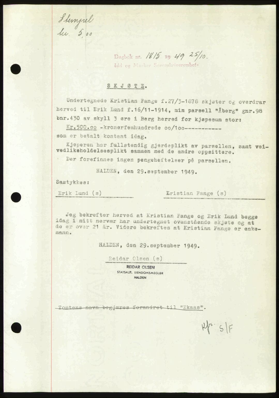 Idd og Marker sorenskriveri, SAO/A-10283/G/Gb/Gbb/L0013: Pantebok nr. A13, 1949-1950, Dagboknr: 1815/1949