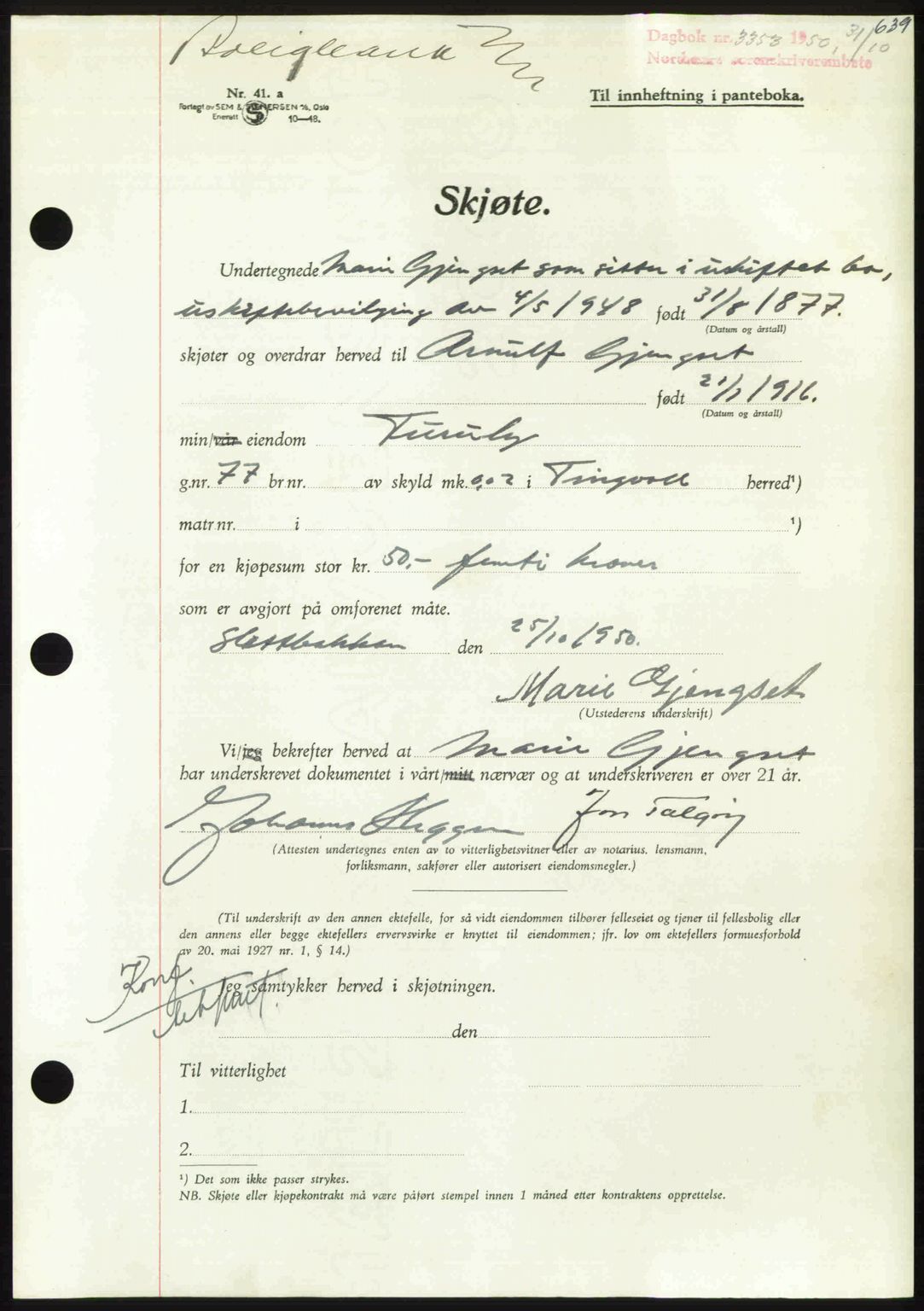 Nordmøre sorenskriveri, SAT/A-4132/1/2/2Ca: Pantebok nr. A116, 1950-1950, Dagboknr: 3353/1950