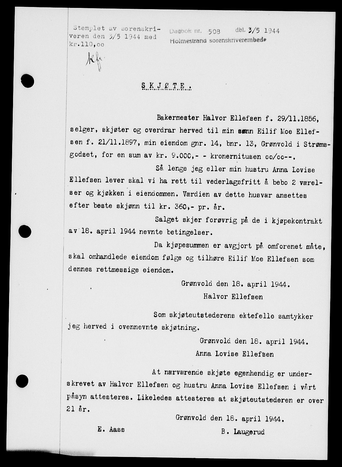Holmestrand sorenskriveri, SAKO/A-67/G/Ga/Gaa/L0058: Pantebok nr. A-58, 1944-1944, Dagboknr: 508/1944