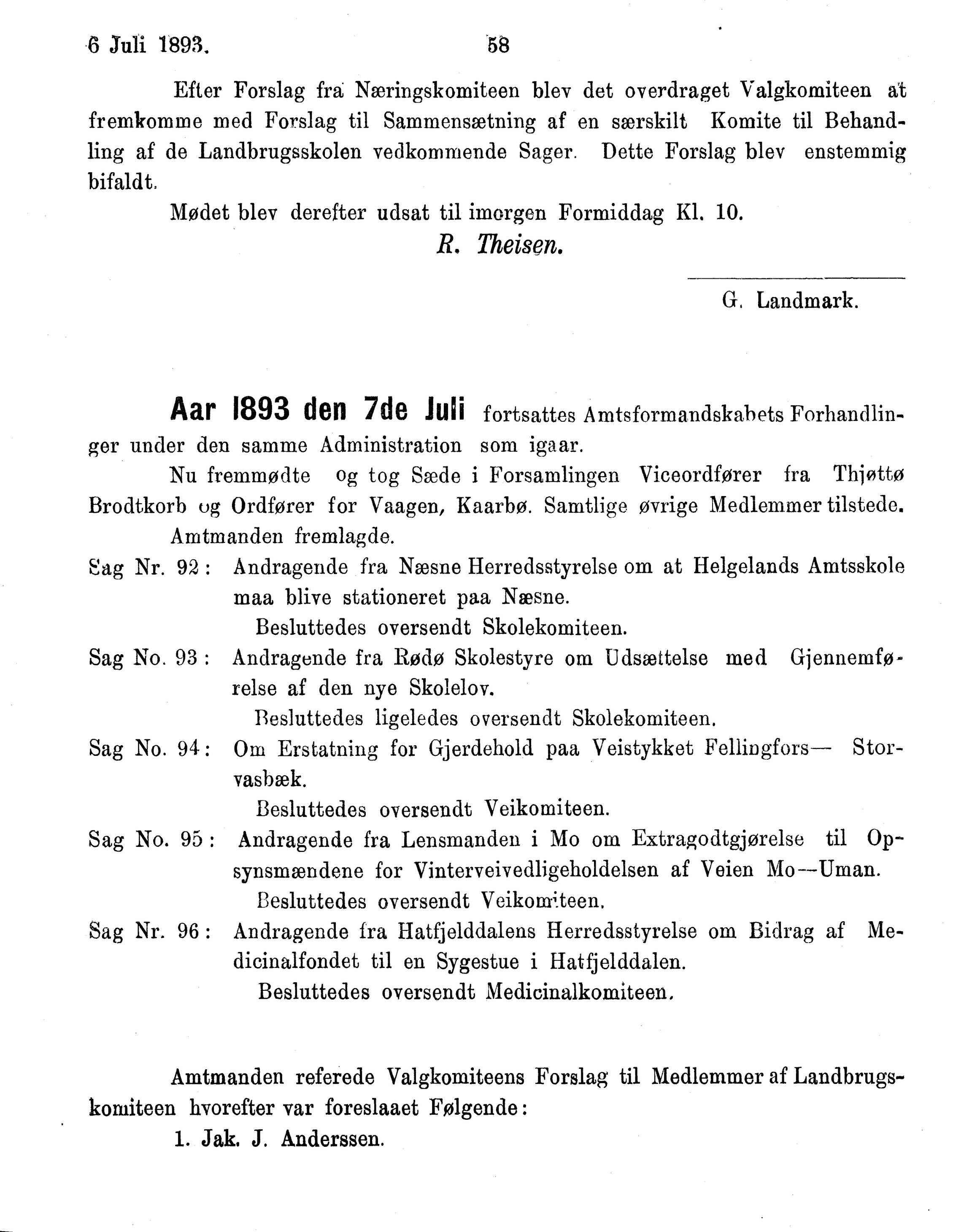 Nordland Fylkeskommune. Fylkestinget, AIN/NFK-17/176/A/Ac/L0016: Fylkestingsforhandlinger 1891-1893, 1891-1893, s. 58