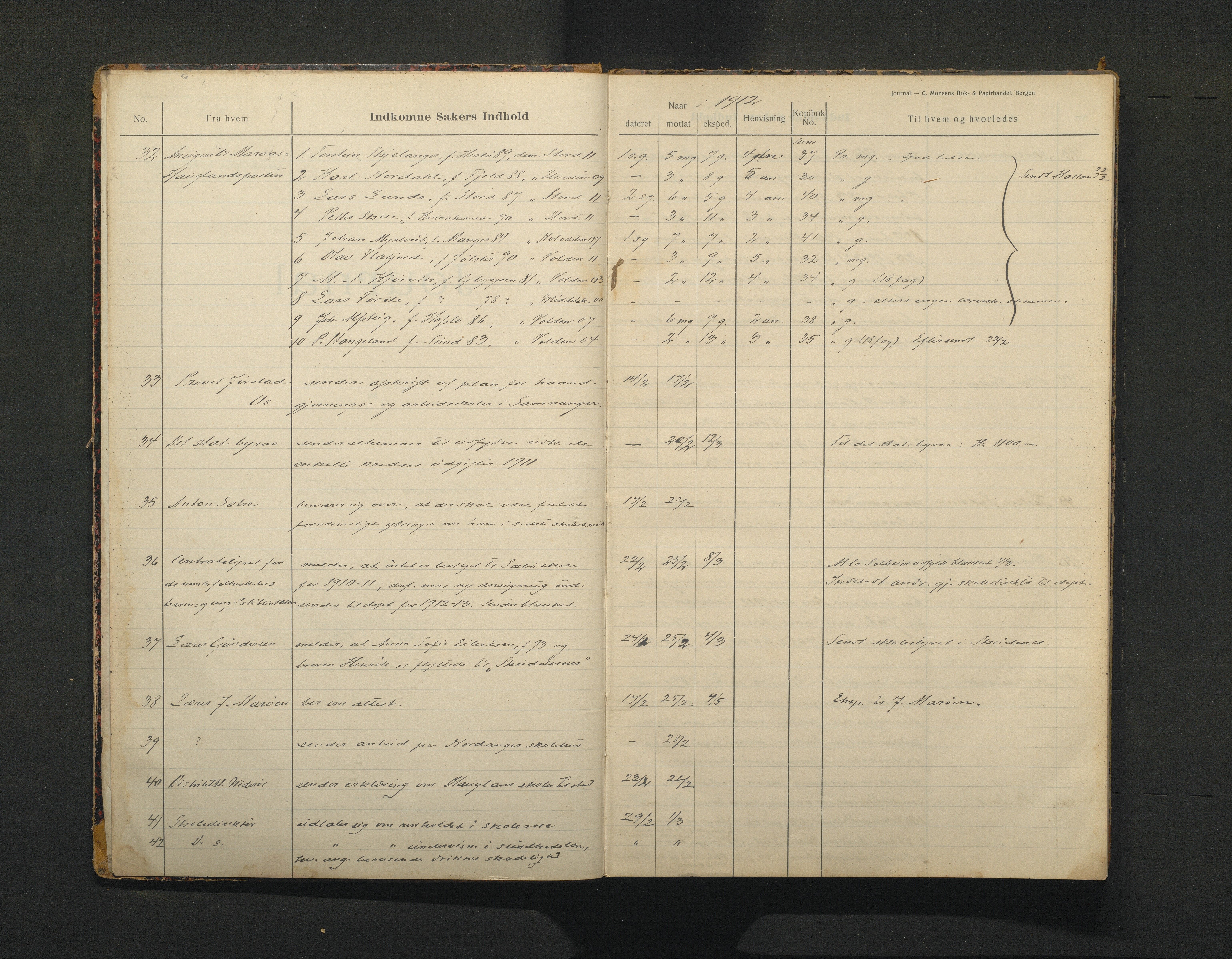 Manger kommune. Skulestyret, IKAH/1261-211/C/Ca/L0003: Journal for Manger skulestyre , 1912-1915
