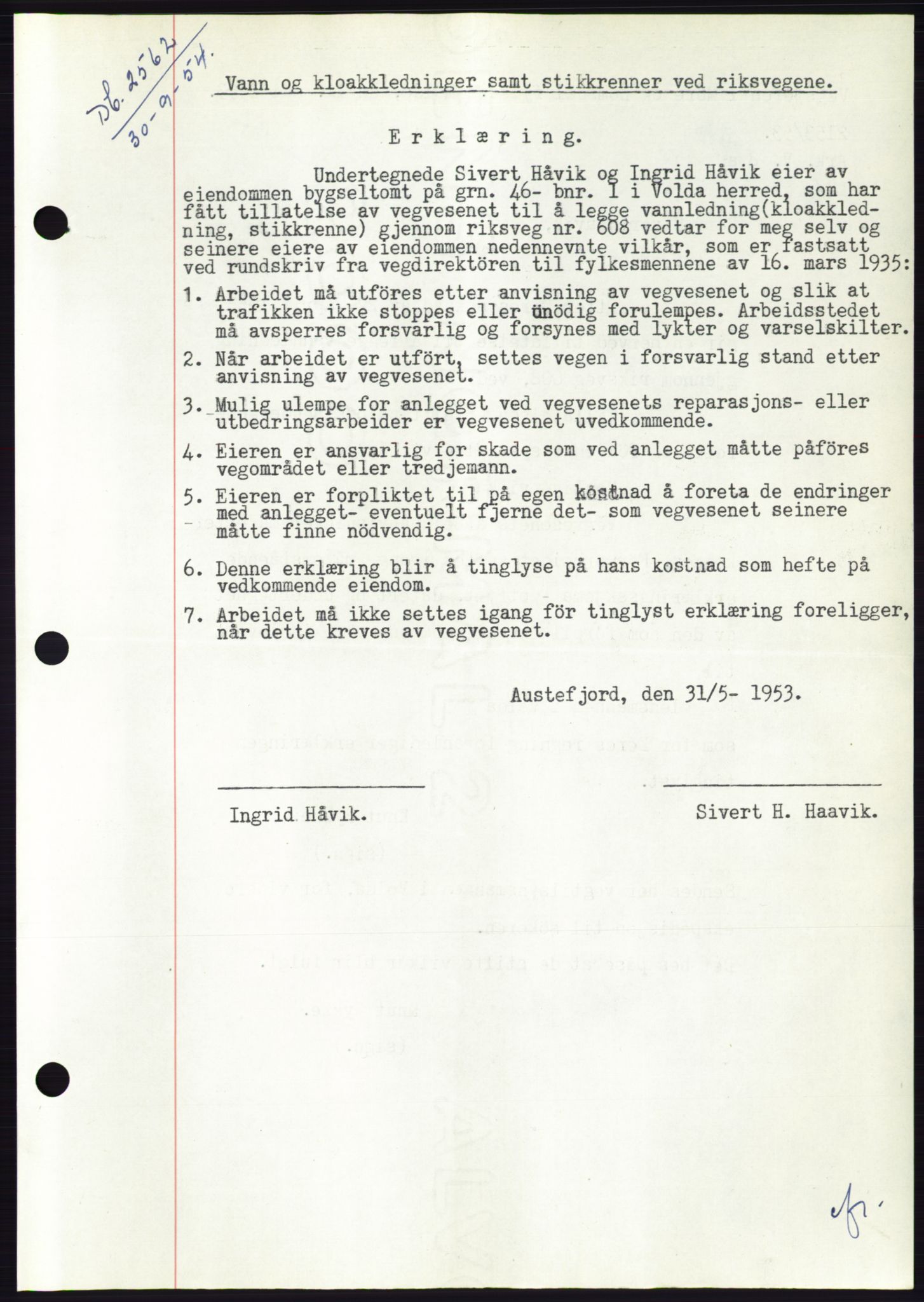 Søre Sunnmøre sorenskriveri, AV/SAT-A-4122/1/2/2C/L0099: Pantebok nr. 25A, 1954-1954, Dagboknr: 2562/1954