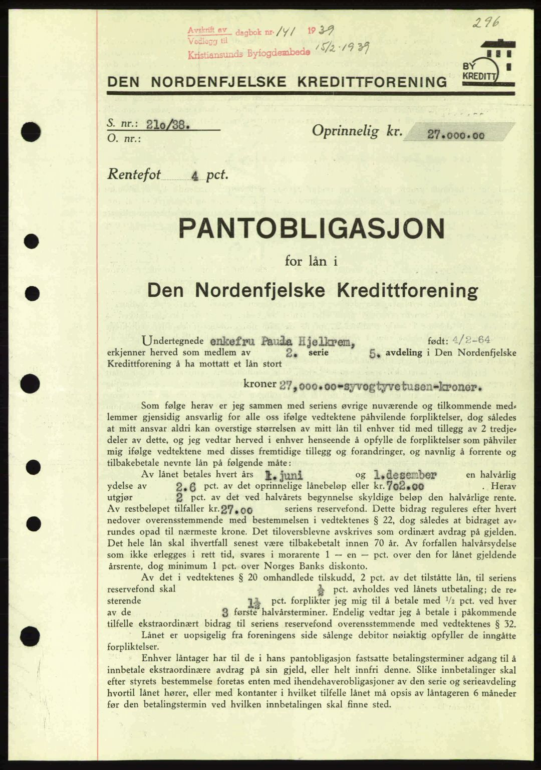 Kristiansund byfogd, SAT/A-4587/A/27: Pantebok nr. 31, 1938-1939, Dagboknr: 141/1939