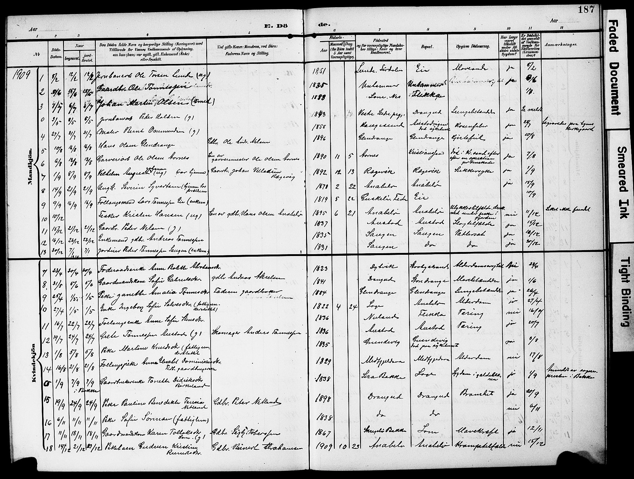 Flekkefjord sokneprestkontor, AV/SAK-1111-0012/F/Fb/Fbc/L0008: Klokkerbok nr. B 8, 1903-1931, s. 187