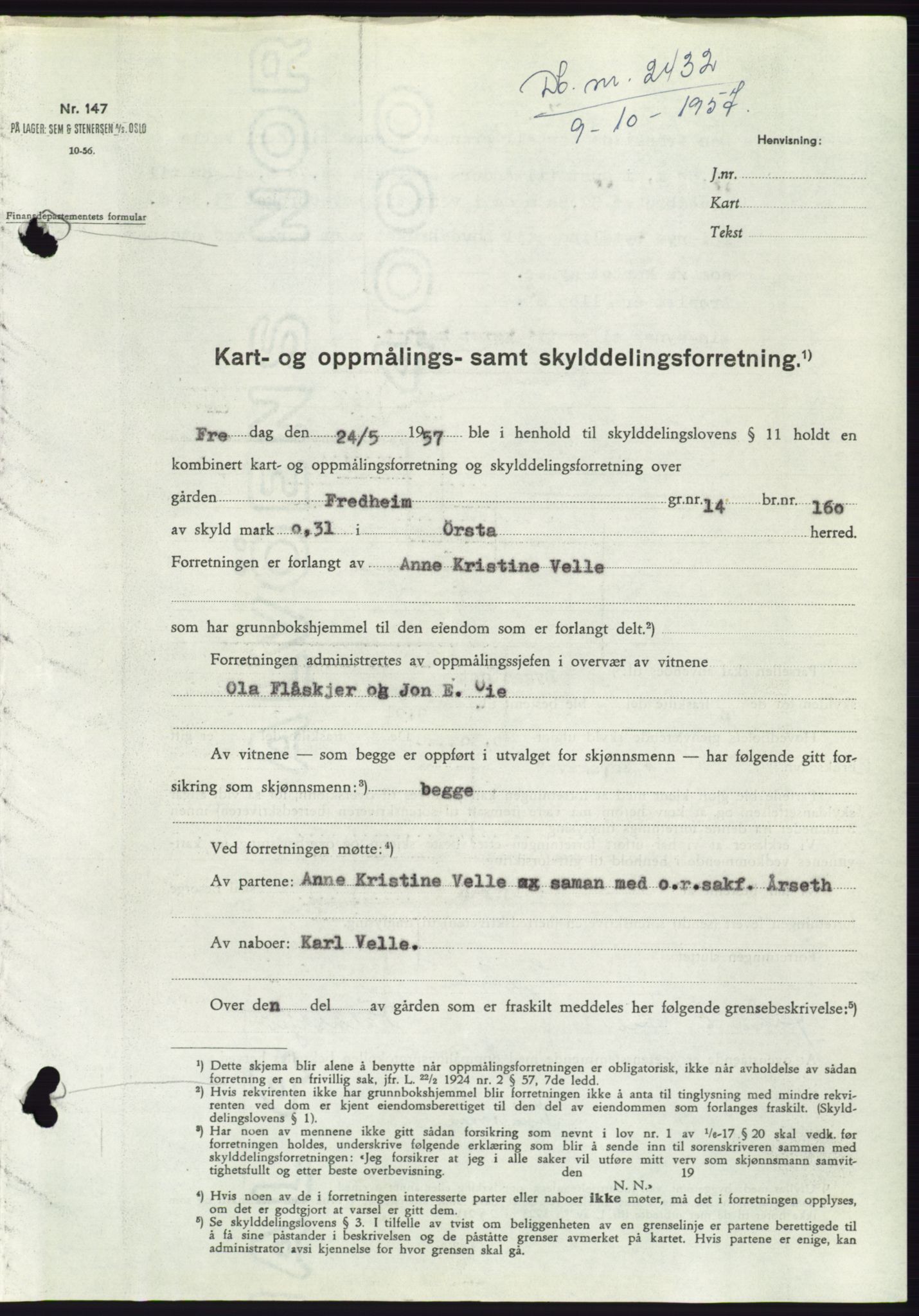 Søre Sunnmøre sorenskriveri, SAT/A-4122/1/2/2C/L0107: Pantebok nr. 33A, 1957-1957, Dagboknr: 2432/1957