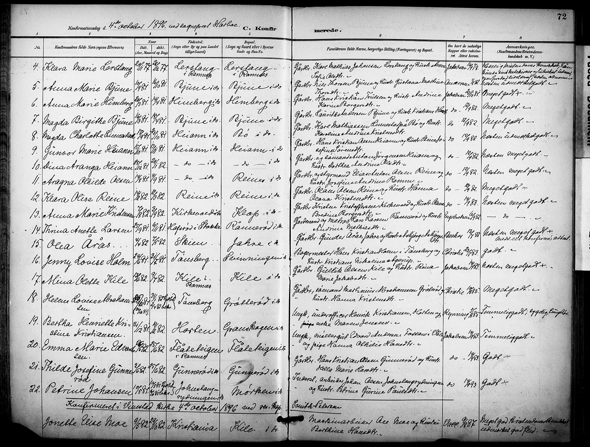 Ramnes kirkebøker, AV/SAKO-A-314/F/Fa/L0008: Ministerialbok nr. I 8, 1896-1913, s. 72