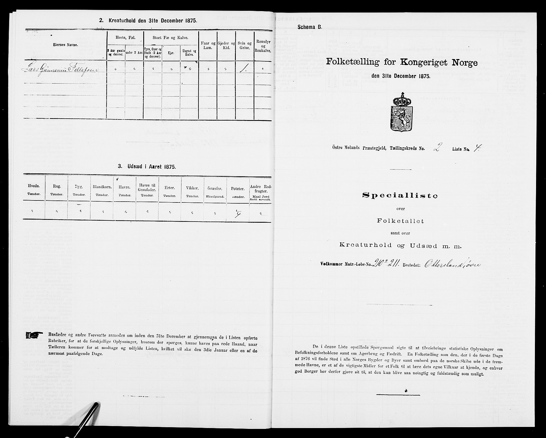 SAK, Folketelling 1875 for 0918P Austre Moland prestegjeld, 1875, s. 1104