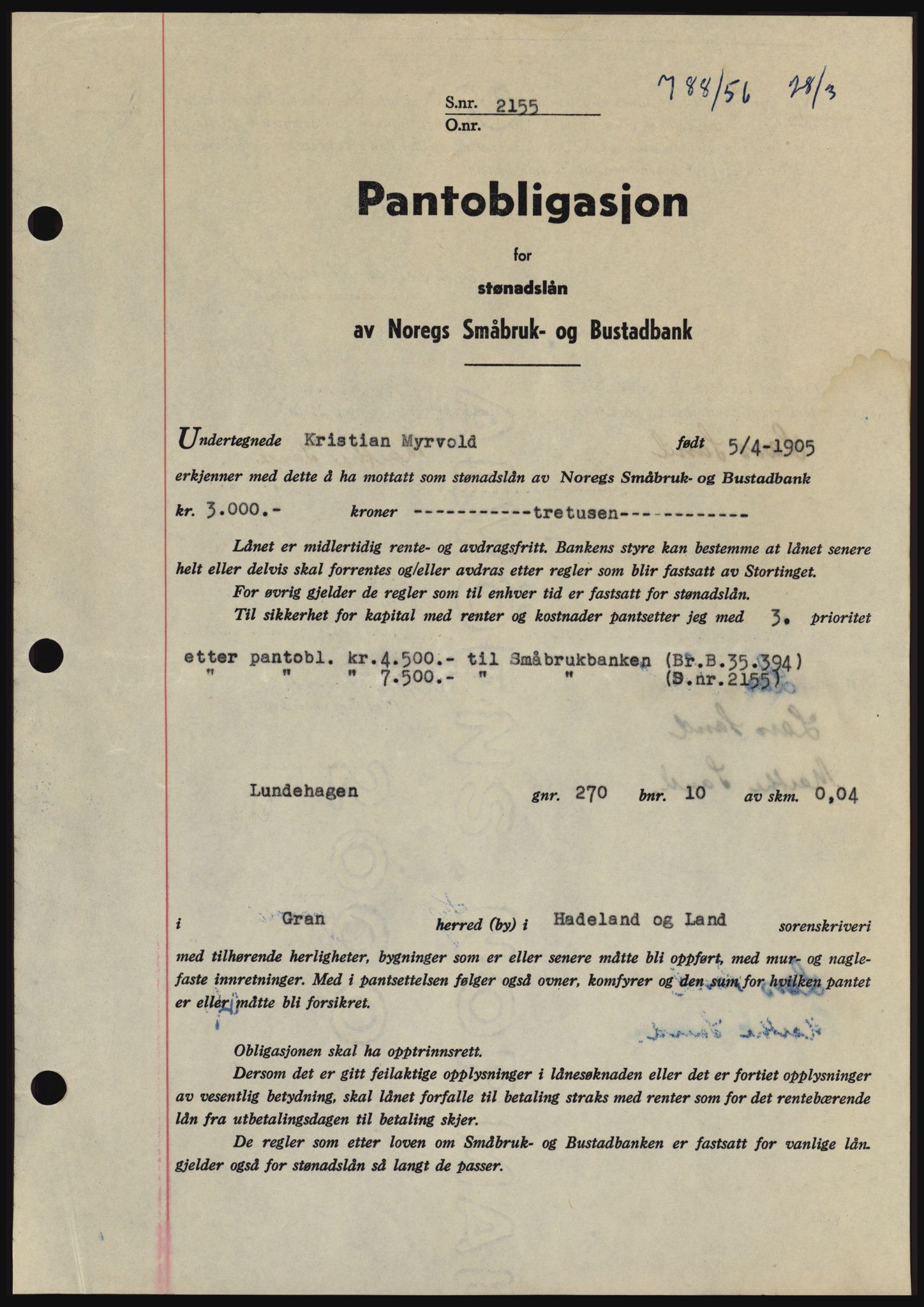 Hadeland og Land tingrett, SAH/TING-010/H/Hb/Hbc/L0033: Pantebok nr. B33, 1955-1956, Dagboknr: 788/1956