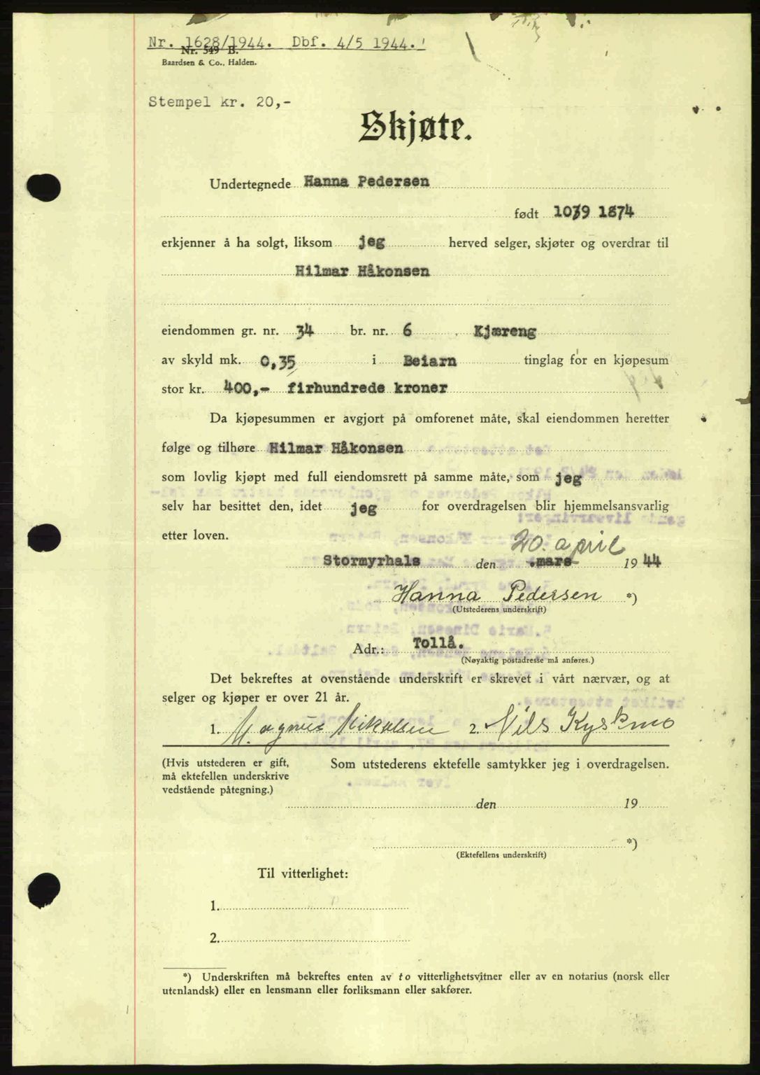 Salten sorenskriveri, SAT/A-4578/1/2/2C: Pantebok nr. A14-15, 1943-1945, Dagboknr: 1628/1944