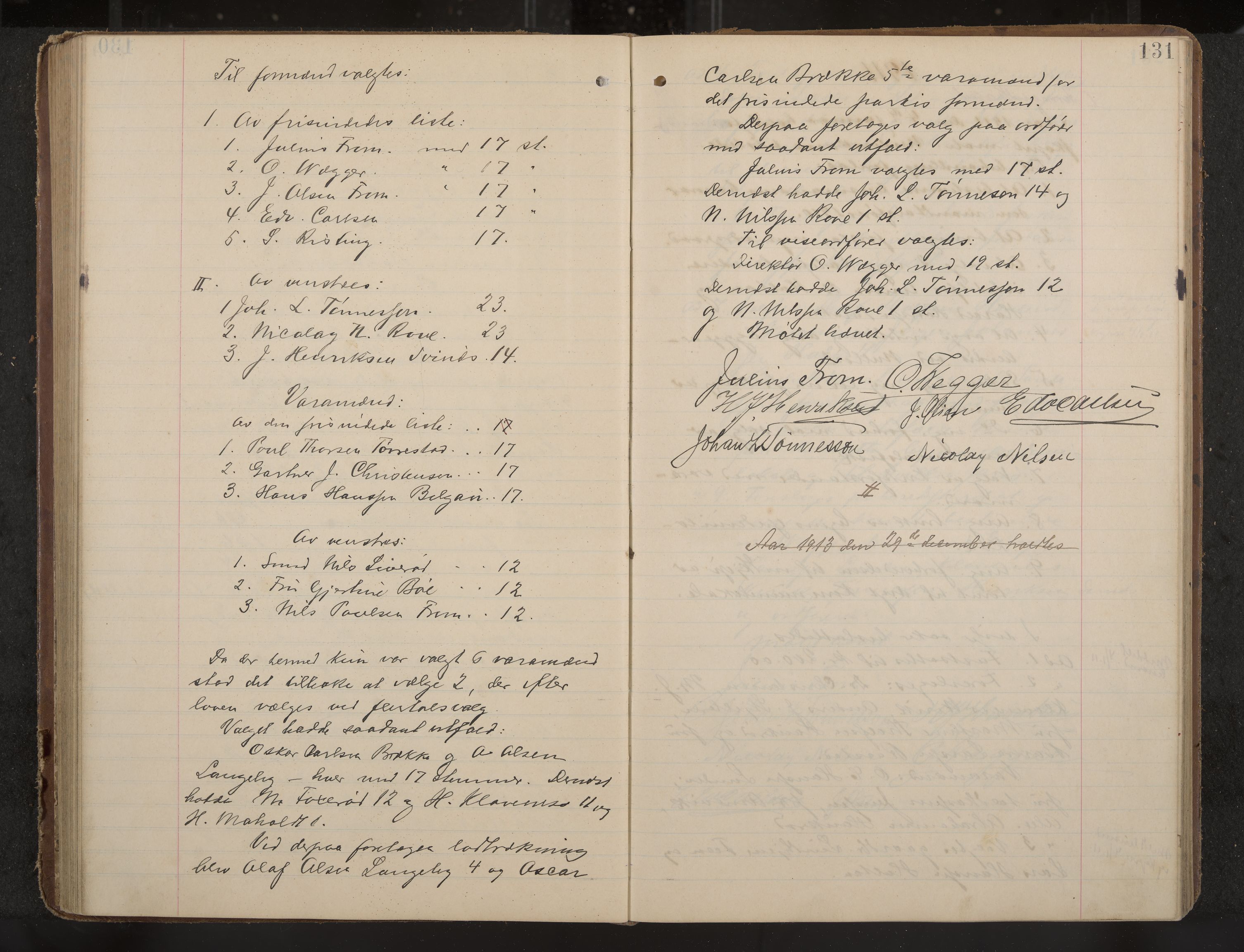 Sandar formannskap og sentraladministrasjon, IKAK/0724021/A/Aa/L0004: Møtebok med register, 1907-1914, s. 131