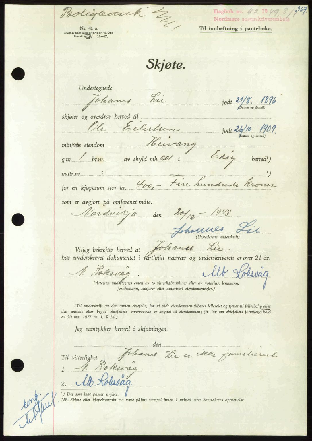 Nordmøre sorenskriveri, SAT/A-4132/1/2/2Ca: Pantebok nr. A110, 1948-1949, Dagboknr: 42/1949