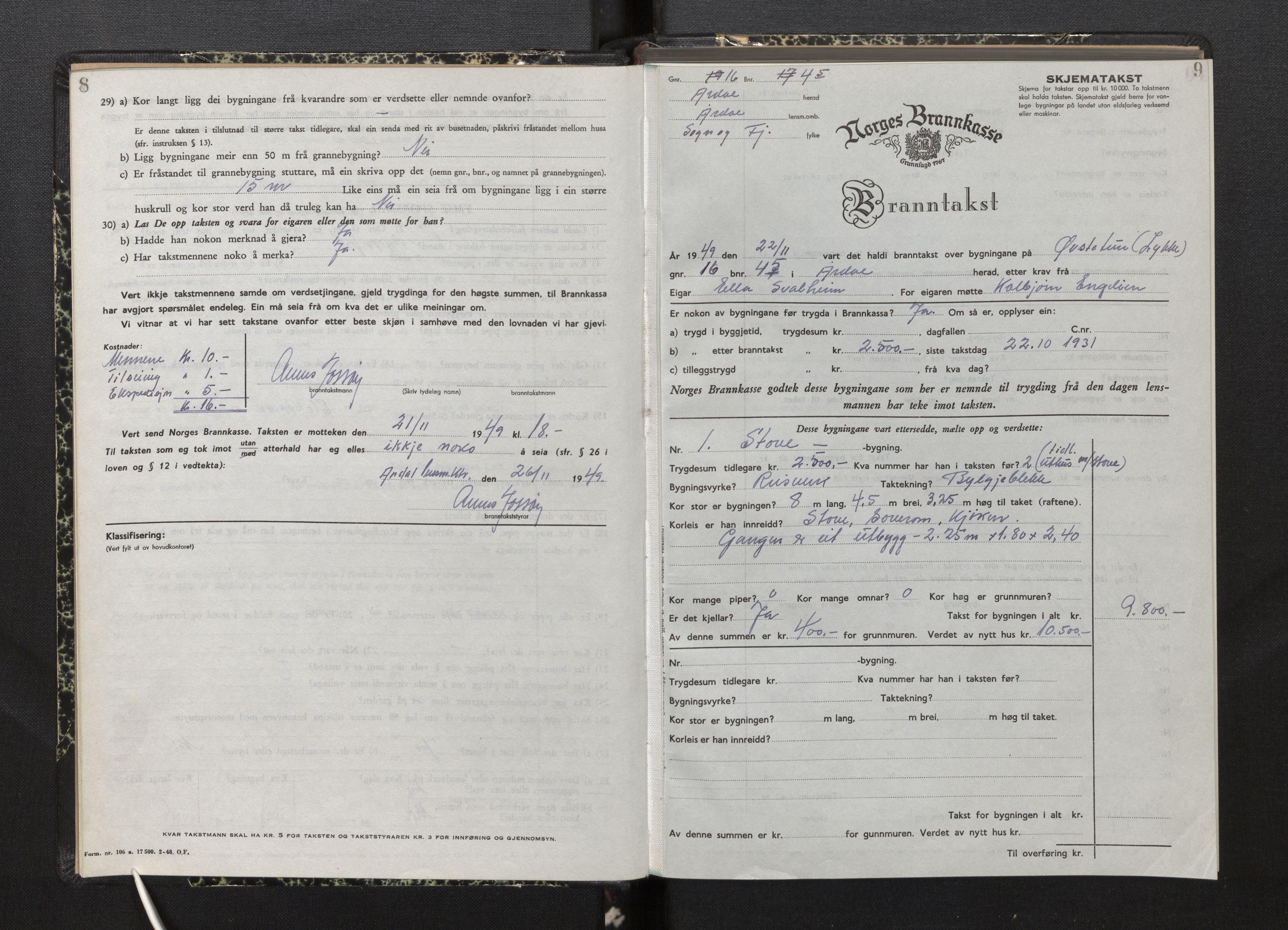 Lensmannen i Årdal, AV/SAB-A-30501/0012/L0012: Branntakstprotokoll, skjematakst, 1949-1955, s. 8-9