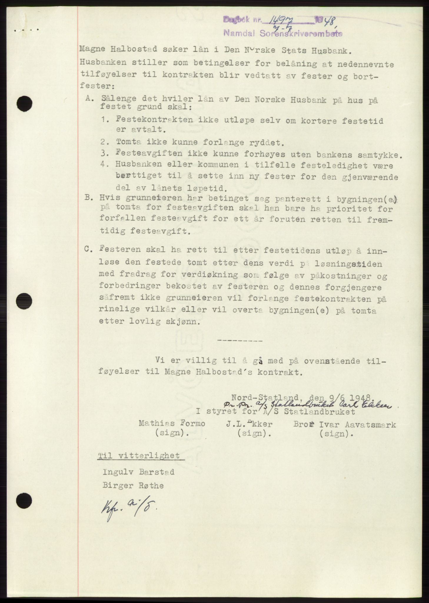 Namdal sorenskriveri, SAT/A-4133/1/2/2C: Pantebok nr. -, 1948-1948, Dagboknr: 1497/1948
