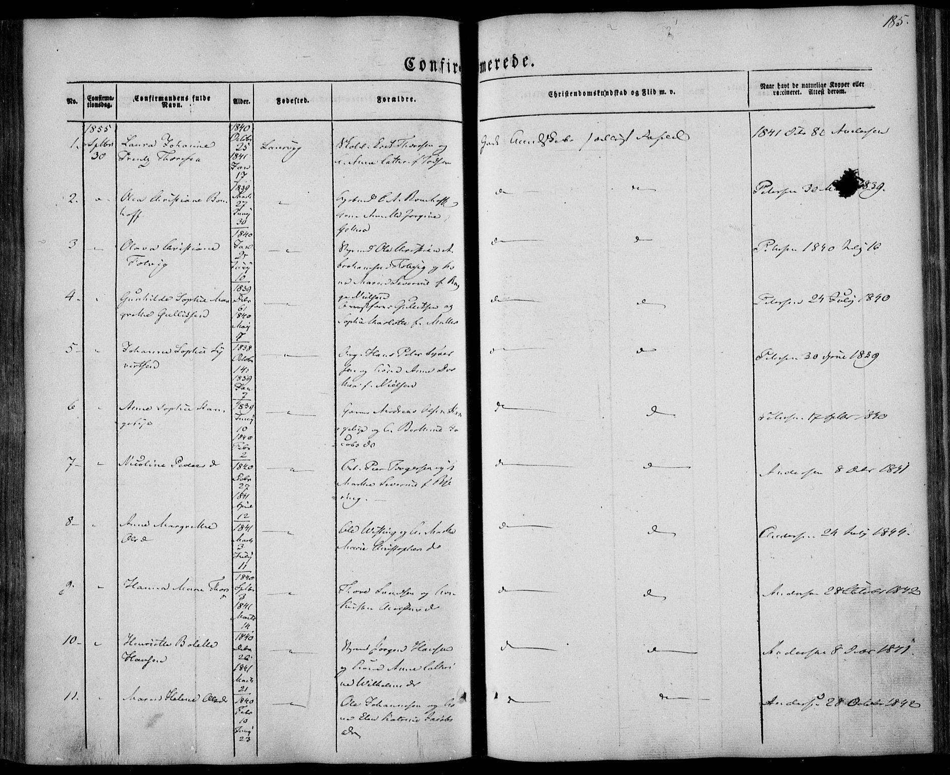 Larvik kirkebøker, AV/SAKO-A-352/F/Fa/L0003: Ministerialbok nr. I 3, 1848-1856, s. 185