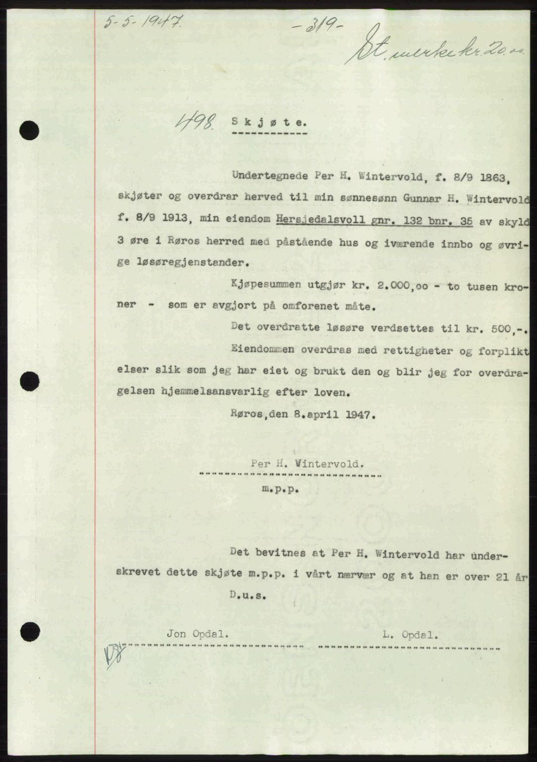 Gauldal sorenskriveri, SAT/A-0014/1/2/2C: Pantebok nr. A3, 1947-1947, Dagboknr: 498/1947