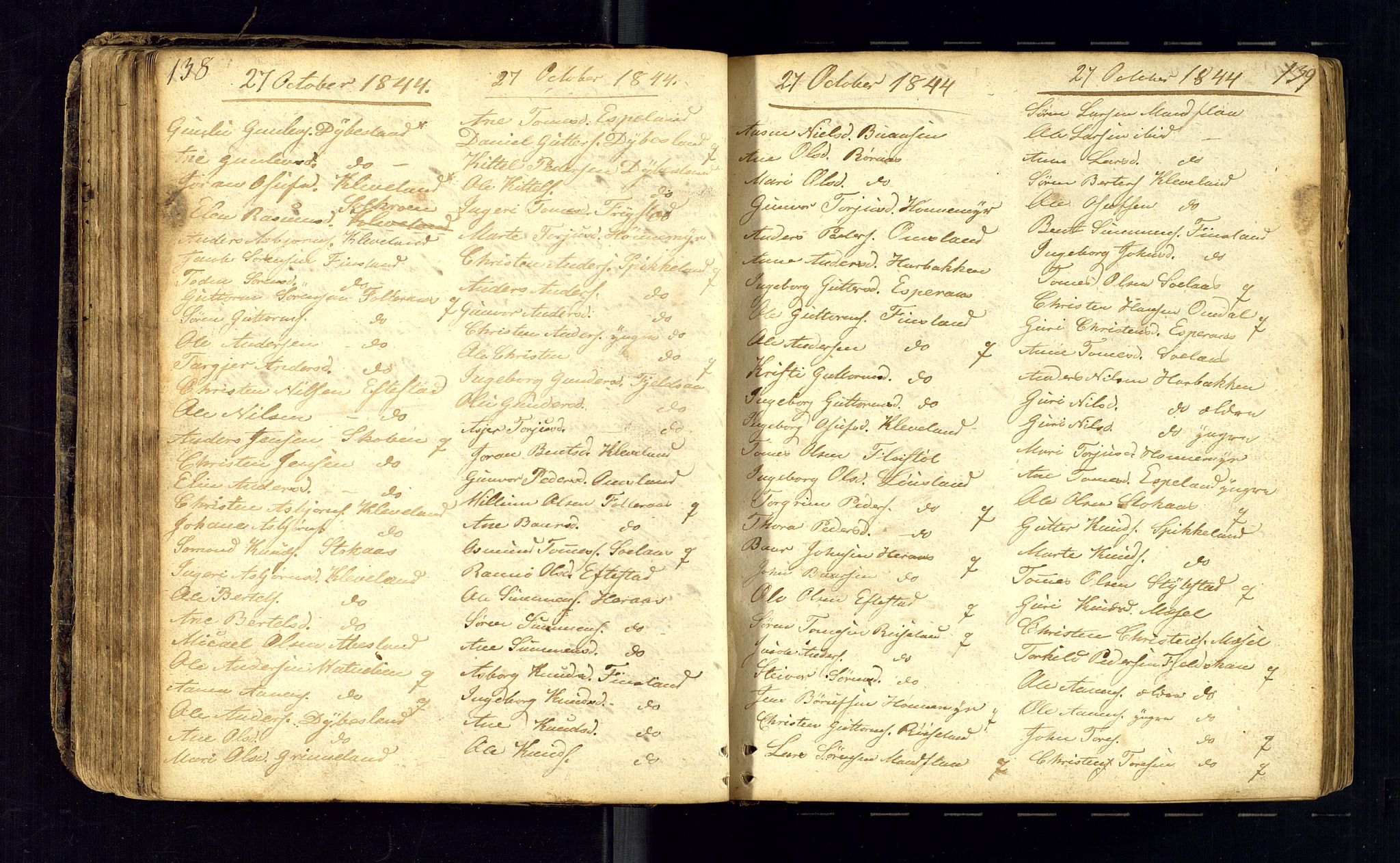 Bjelland sokneprestkontor, AV/SAK-1111-0005/F/Fc/Fcb/L0001: Kommunikantprotokoll nr. C-1, 1827-1906, s. 138-139