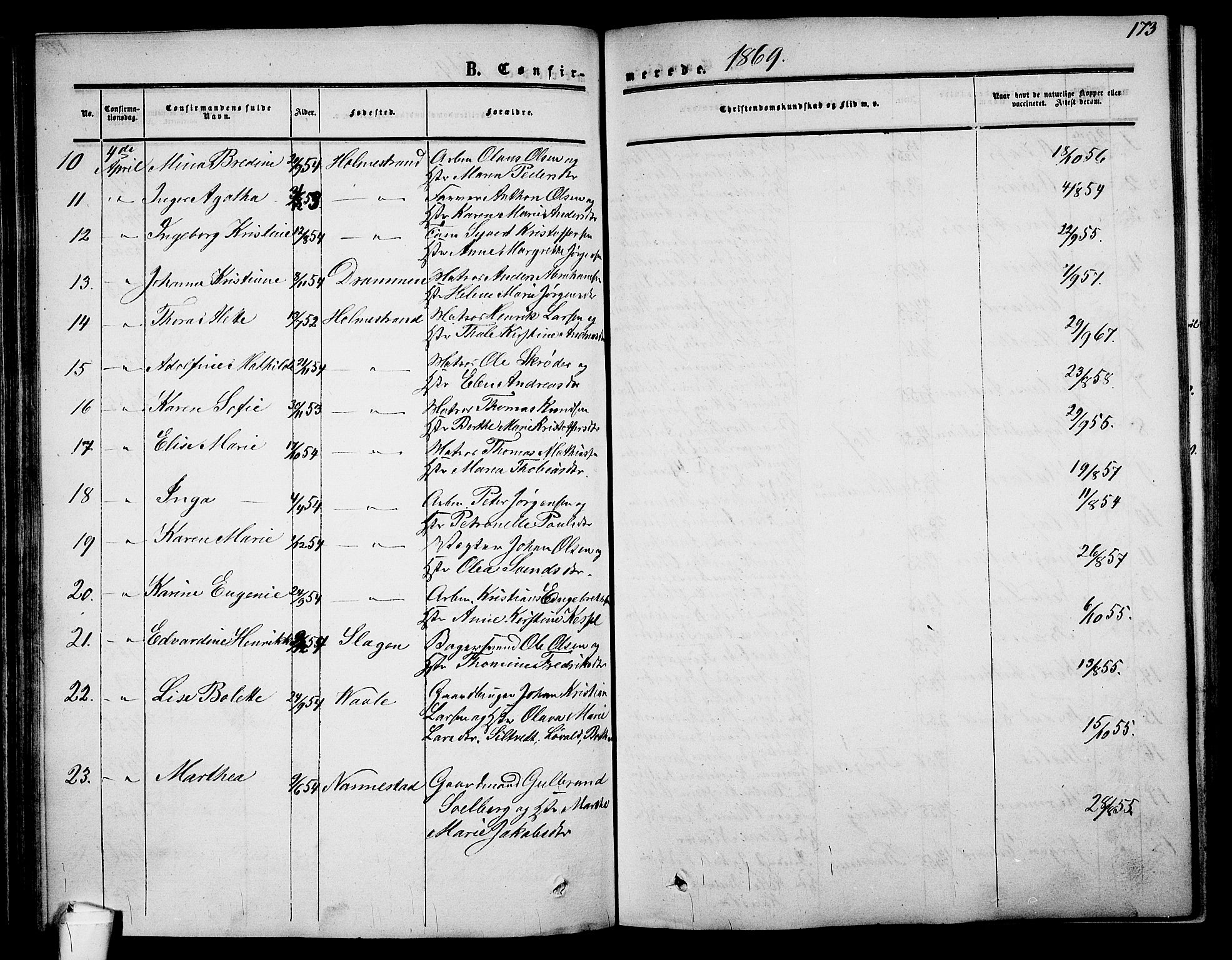 Holmestrand kirkebøker, AV/SAKO-A-346/G/Ga/L0003: Klokkerbok nr. 3, 1849-1874, s. 173