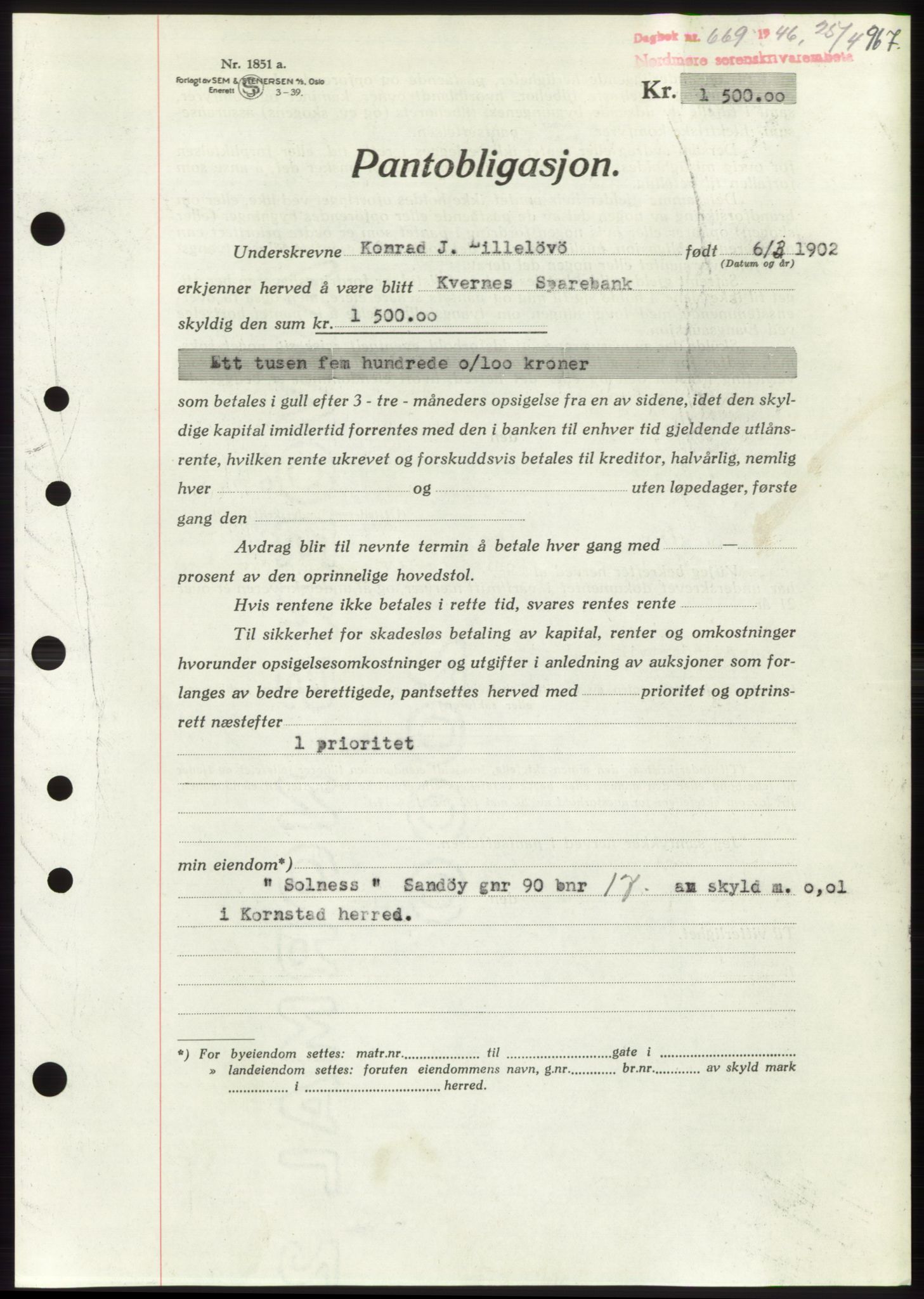 Nordmøre sorenskriveri, AV/SAT-A-4132/1/2/2Ca: Pantebok nr. B93b, 1946-1946, Dagboknr: 669/1946