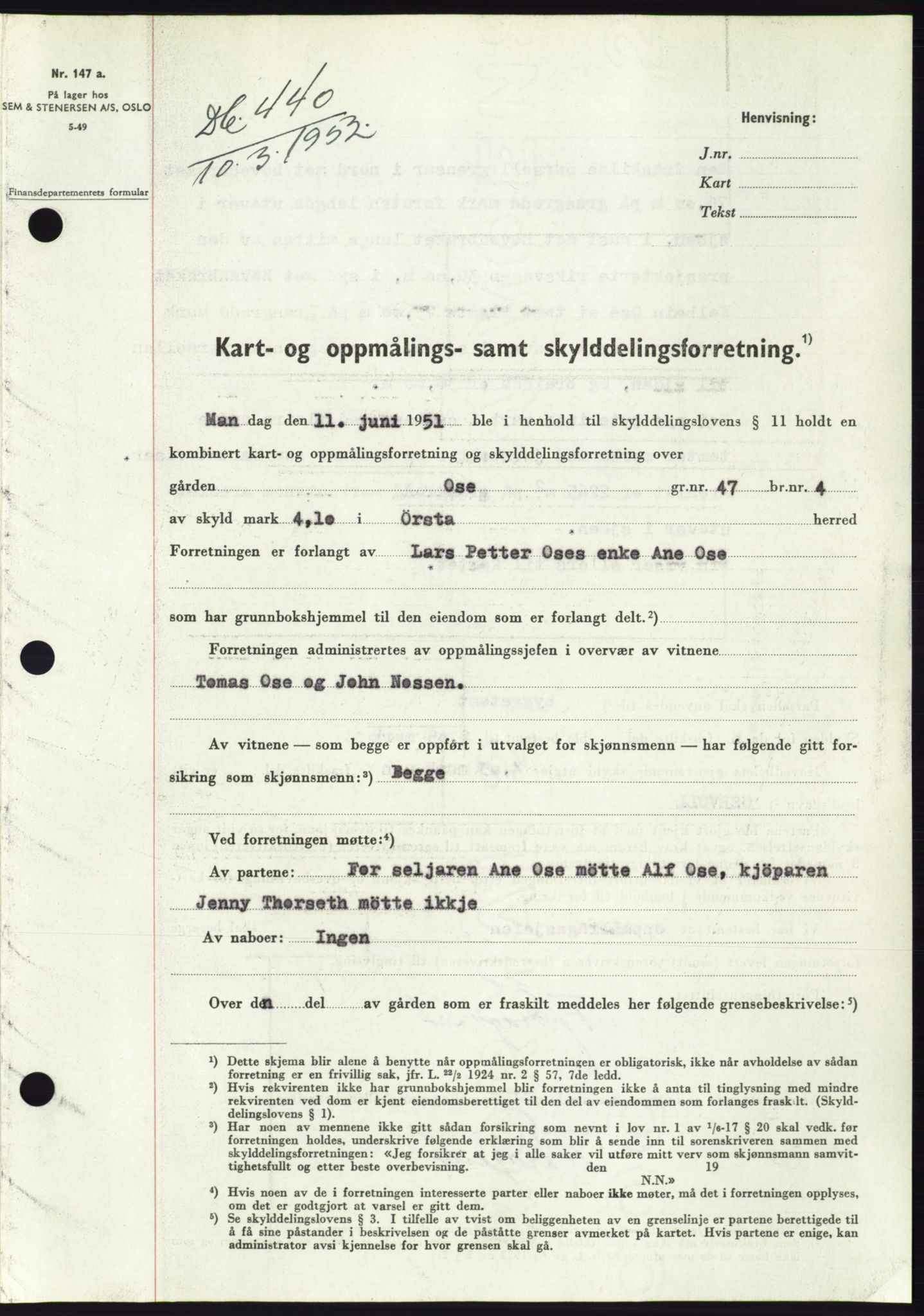 Søre Sunnmøre sorenskriveri, SAT/A-4122/1/2/2C/L0091: Pantebok nr. 17A, 1951-1952, Dagboknr: 440/1952