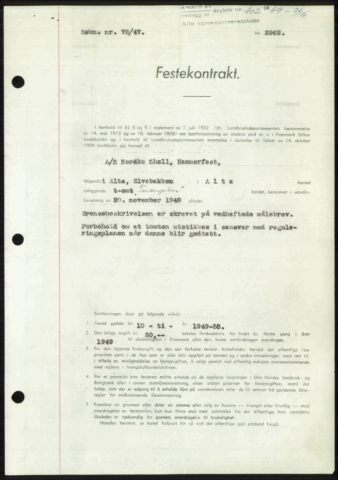 Alta fogderi/sorenskriveri, SATØ/SATØ-5/1/K/Kd/L0037pantebok: Pantebok nr. 39-40, 1948-1949, Dagboknr: 402/1949