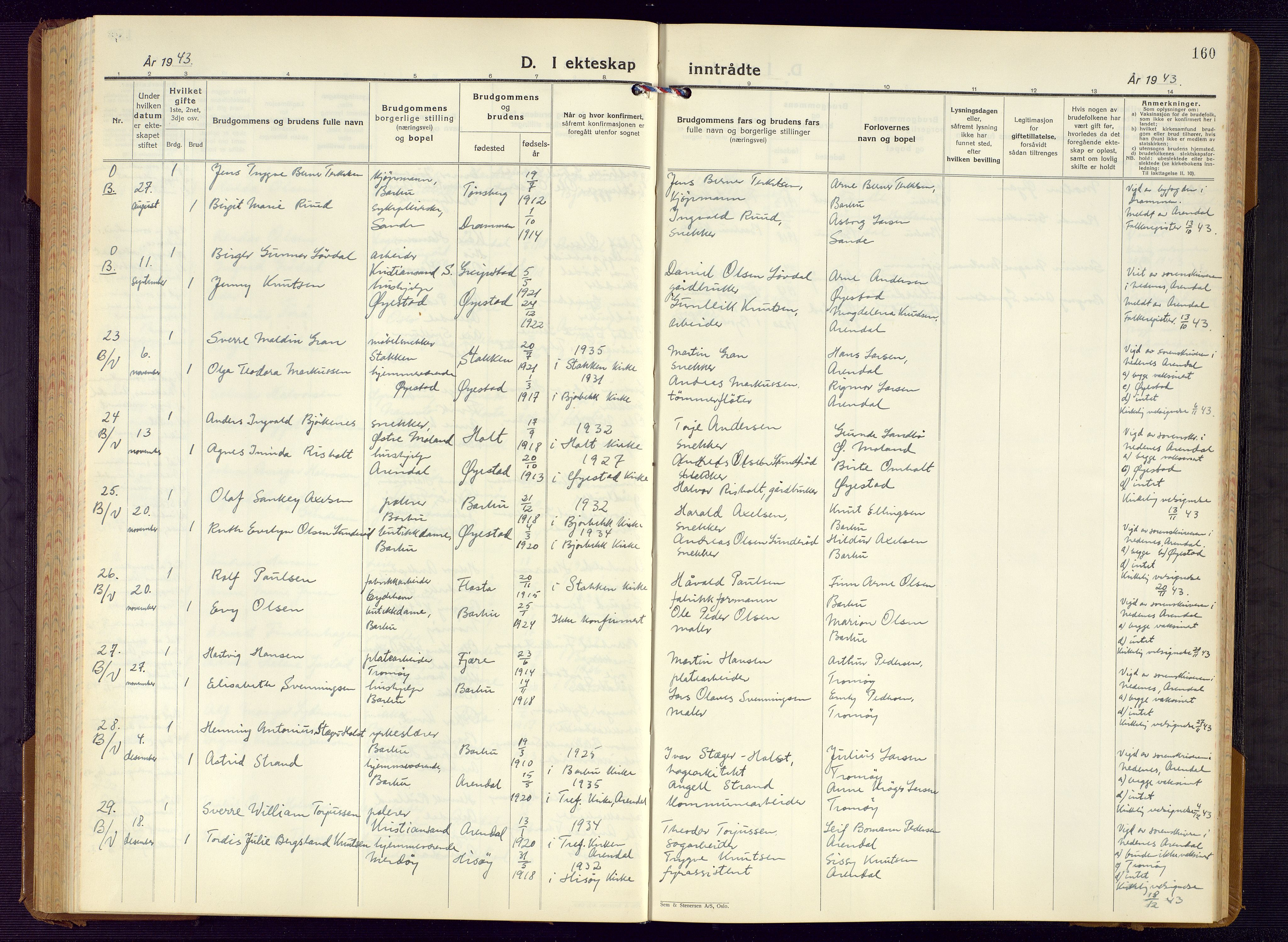 Barbu sokneprestkontor, AV/SAK-1111-0003/F/Fb/L0006: Klokkerbok nr. B 6, 1937-1947, s. 160