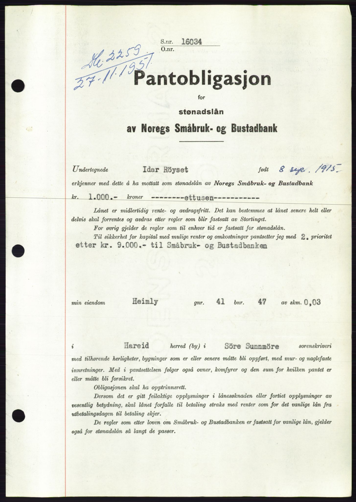 Søre Sunnmøre sorenskriveri, SAT/A-4122/1/2/2C/L0120: Pantebok nr. 8B, 1951-1951, Dagboknr: 2259/1951