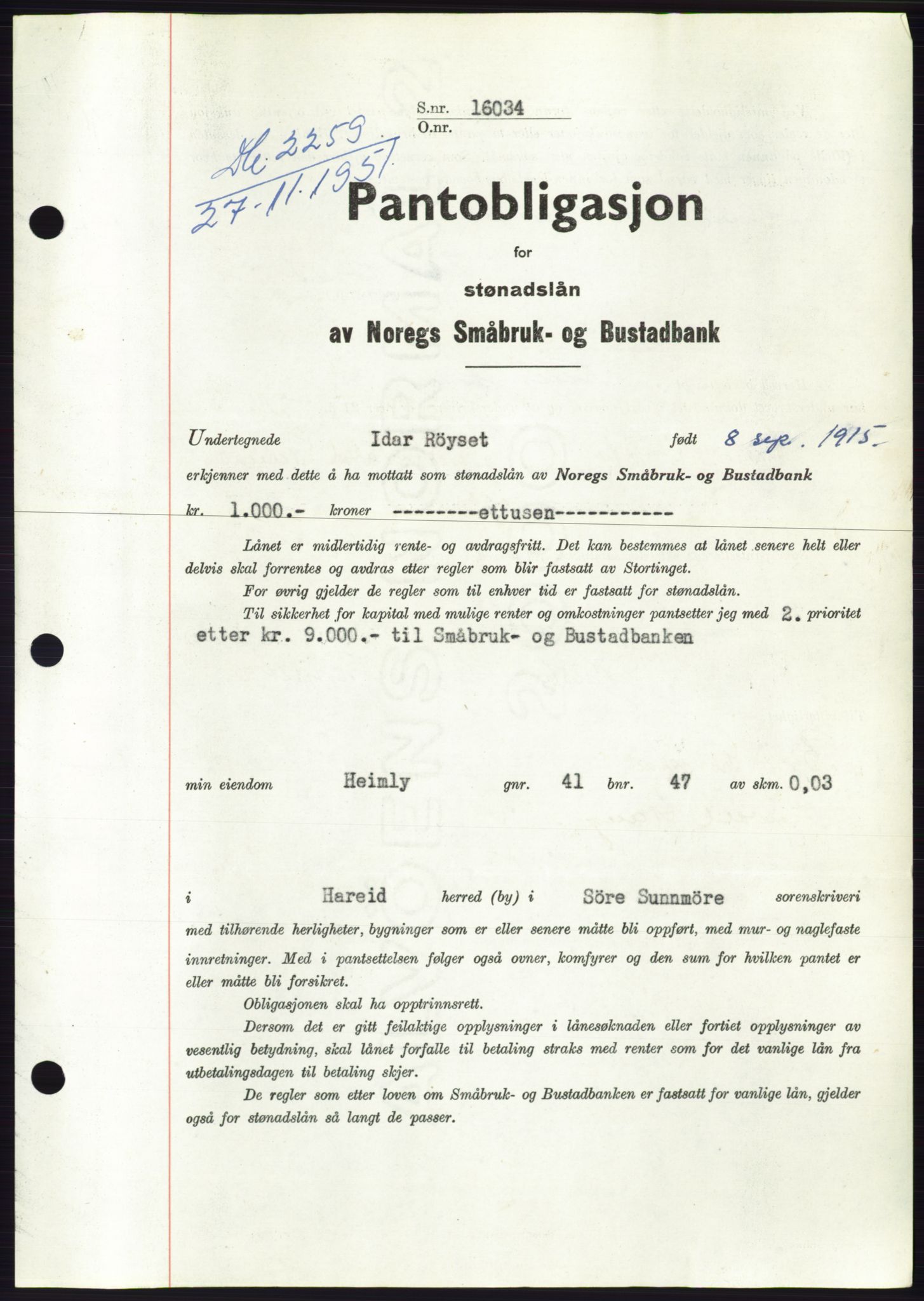 Søre Sunnmøre sorenskriveri, AV/SAT-A-4122/1/2/2C/L0120: Pantebok nr. 8B, 1951-1951, Dagboknr: 2259/1951