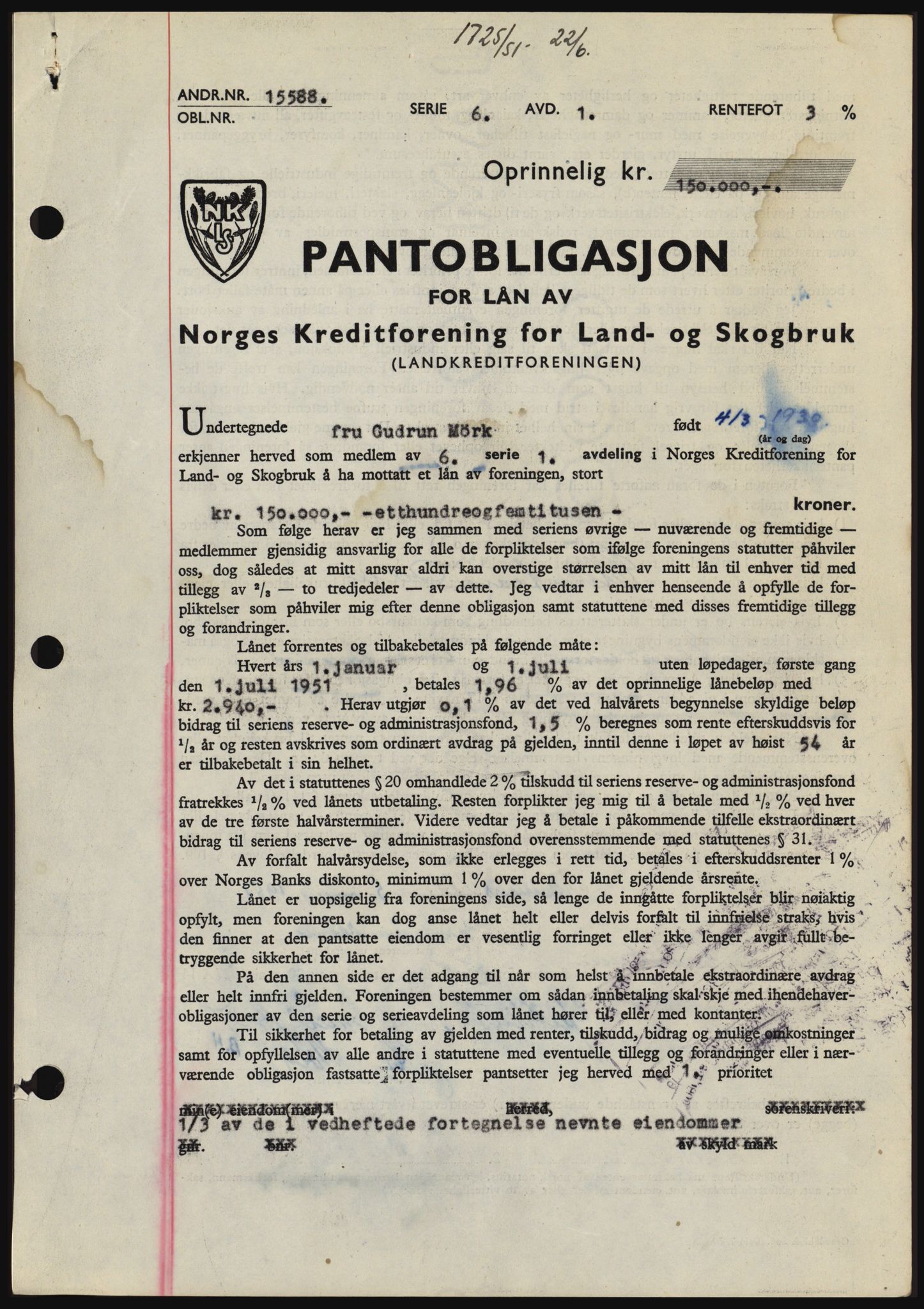 Hadeland og Land tingrett, SAH/TING-010/H/Hb/Hbc/L0021: Pantebok nr. B21, 1951-1951, Dagboknr: 1725/1951
