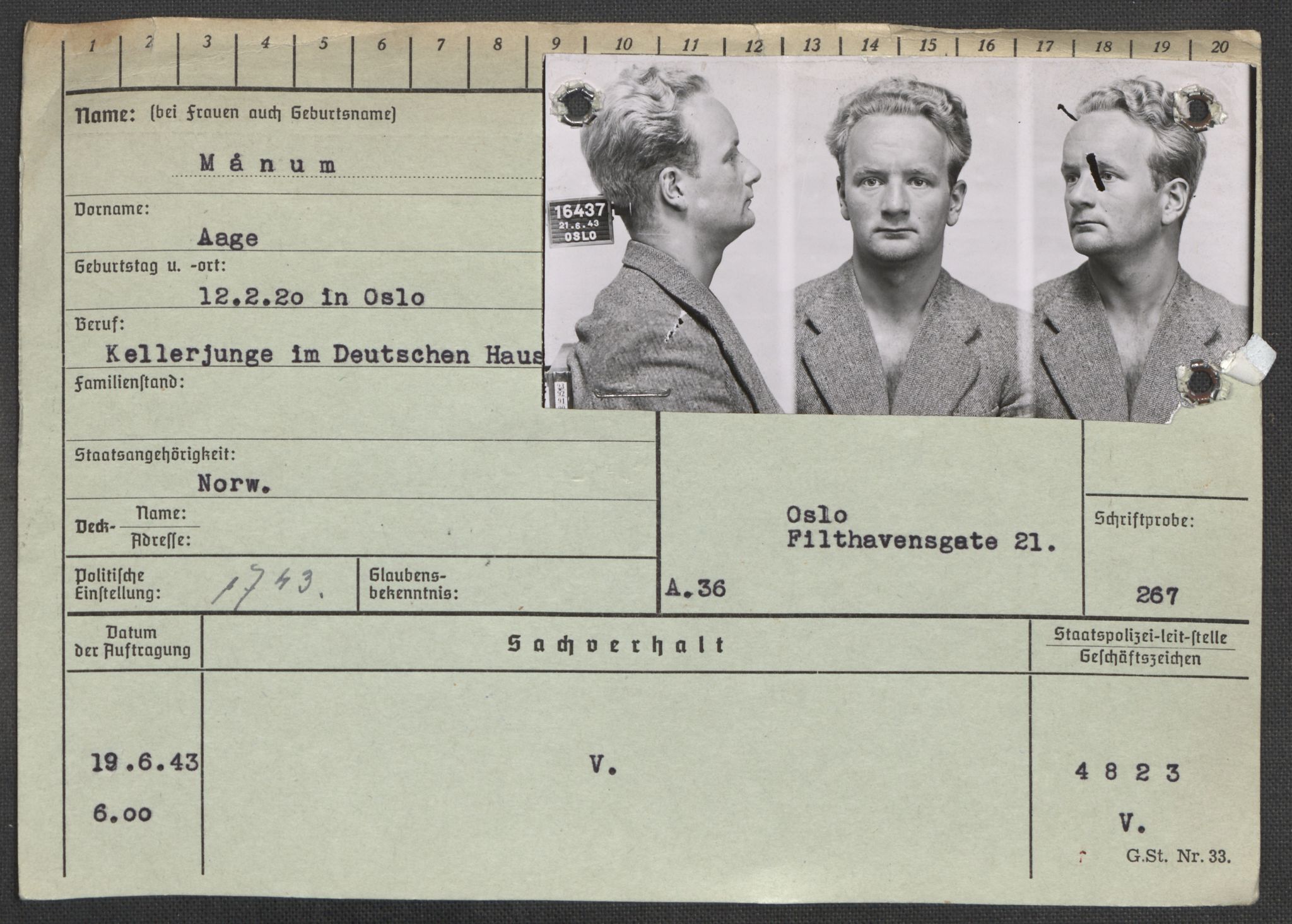 Befehlshaber der Sicherheitspolizei und des SD, RA/RAFA-5969/E/Ea/Eaa/L0007: Register over norske fanger i Møllergata 19: Lundb-N, 1940-1945, s. 980