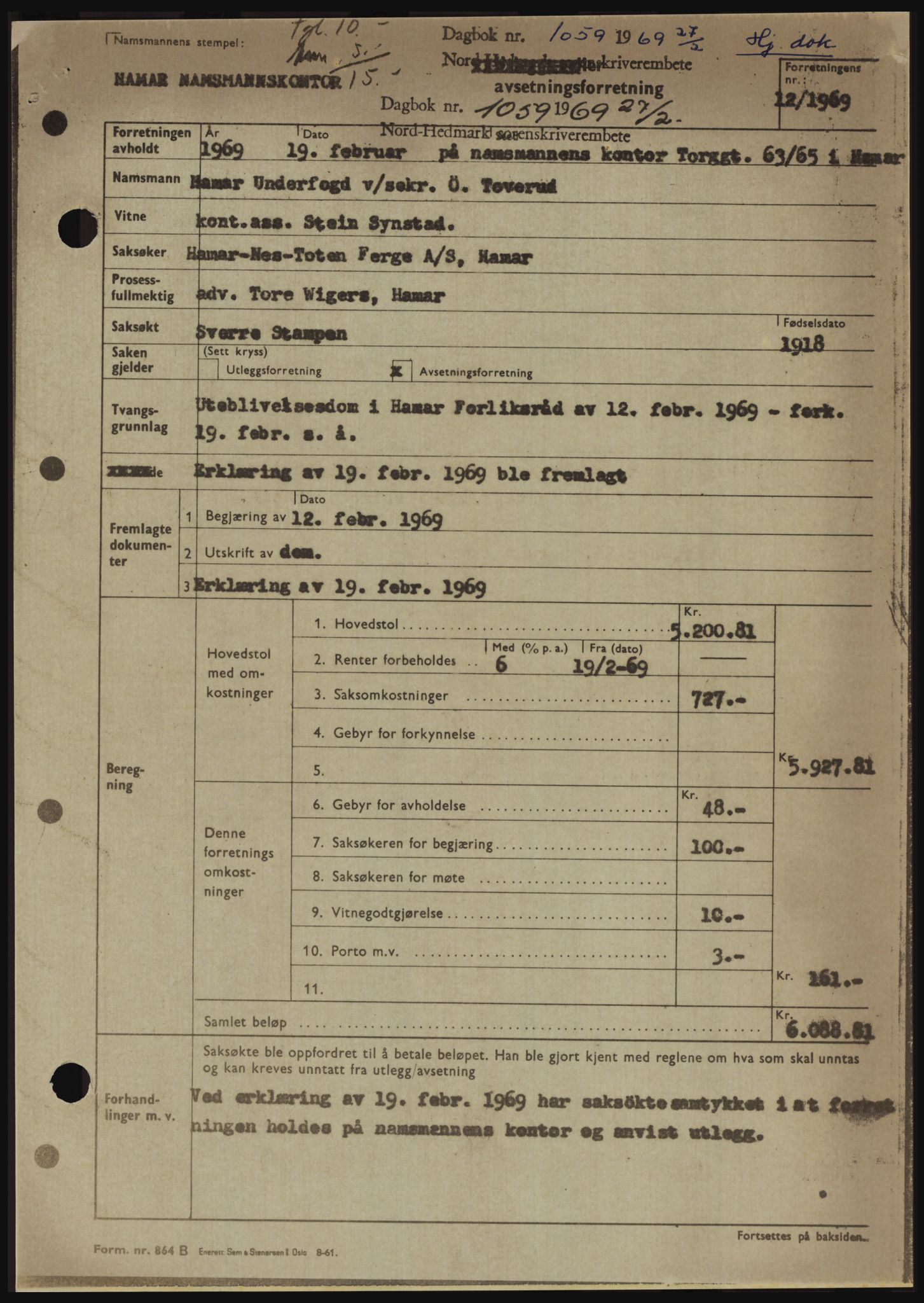 Nord-Hedmark sorenskriveri, SAH/TING-012/H/Hc/L0030: Pantebok nr. 30, 1969-1969, Dagboknr: 1059/1969