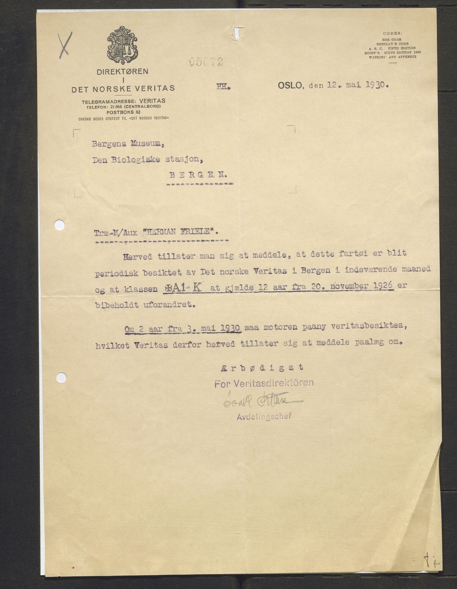 Bergens Museum, AV/SAB-A-17301/13/D/L0002: Korrespondanse , 1928-1940, s. 289