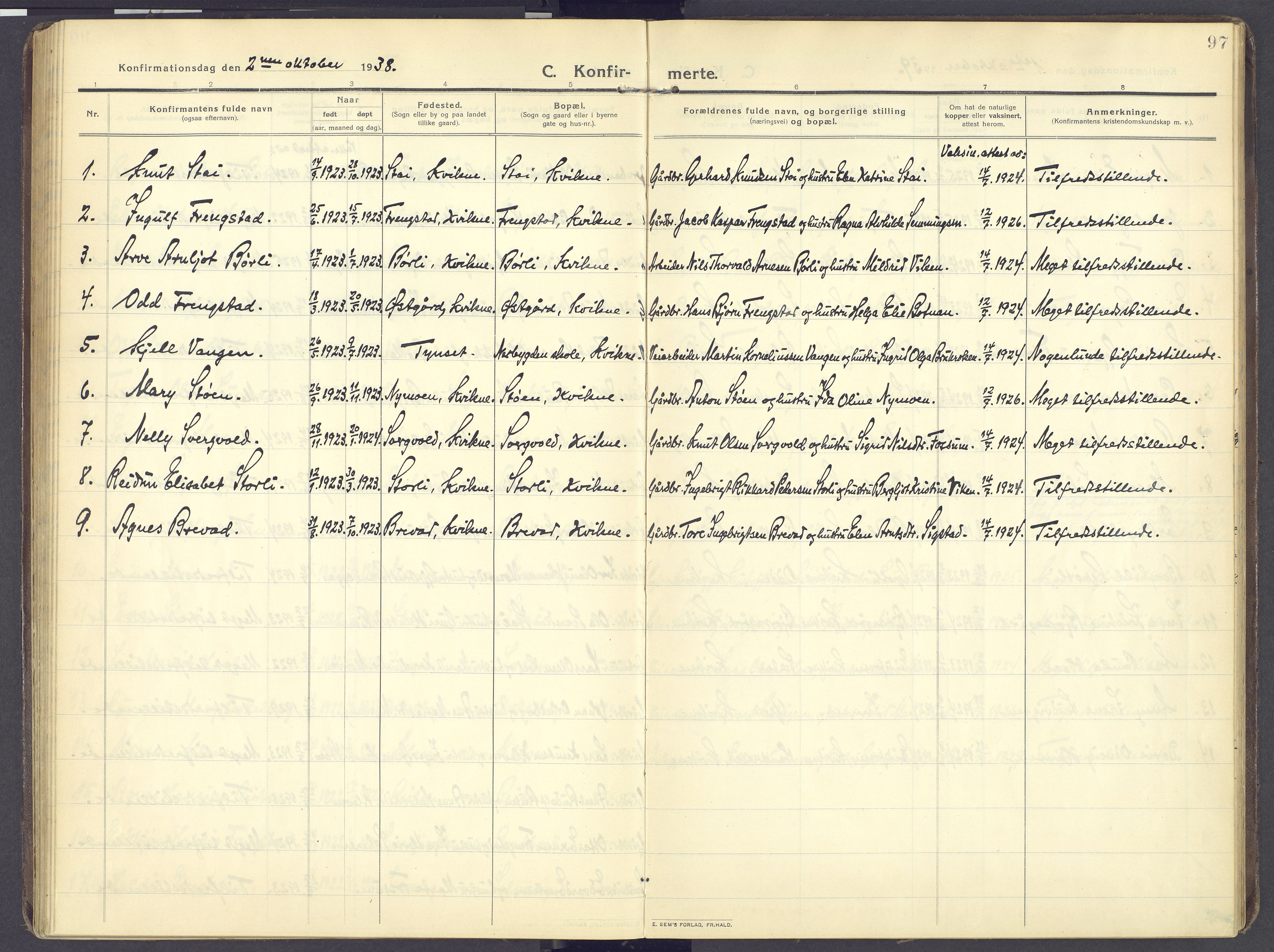 Kvikne prestekontor, AV/SAH-PREST-064/H/Ha/Haa/L0009: Ministerialbok nr. 9, 1911-1942, s. 97