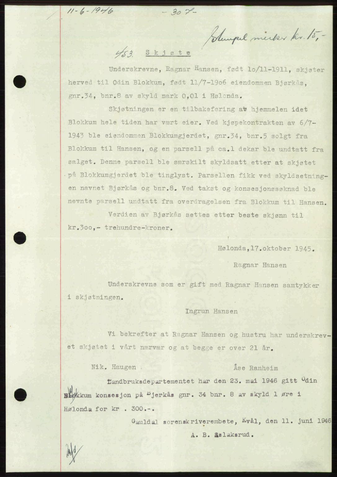 Gauldal sorenskriveri, SAT/A-0014/1/2/2C: Pantebok nr. A2, 1946-1946, Dagboknr: 453/1946