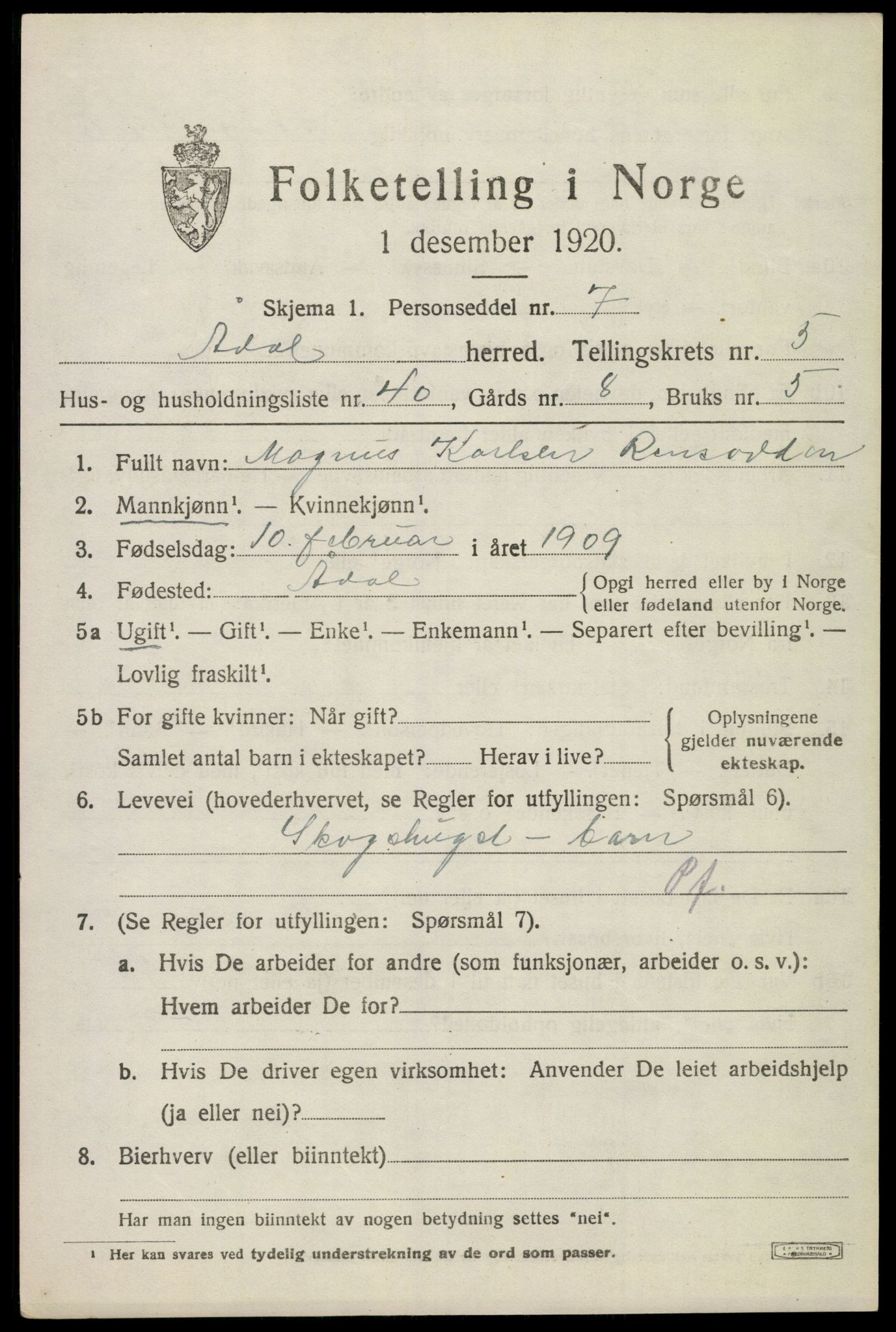 SAKO, Folketelling 1920 for 0614 Ådal herred, 1920, s. 4612