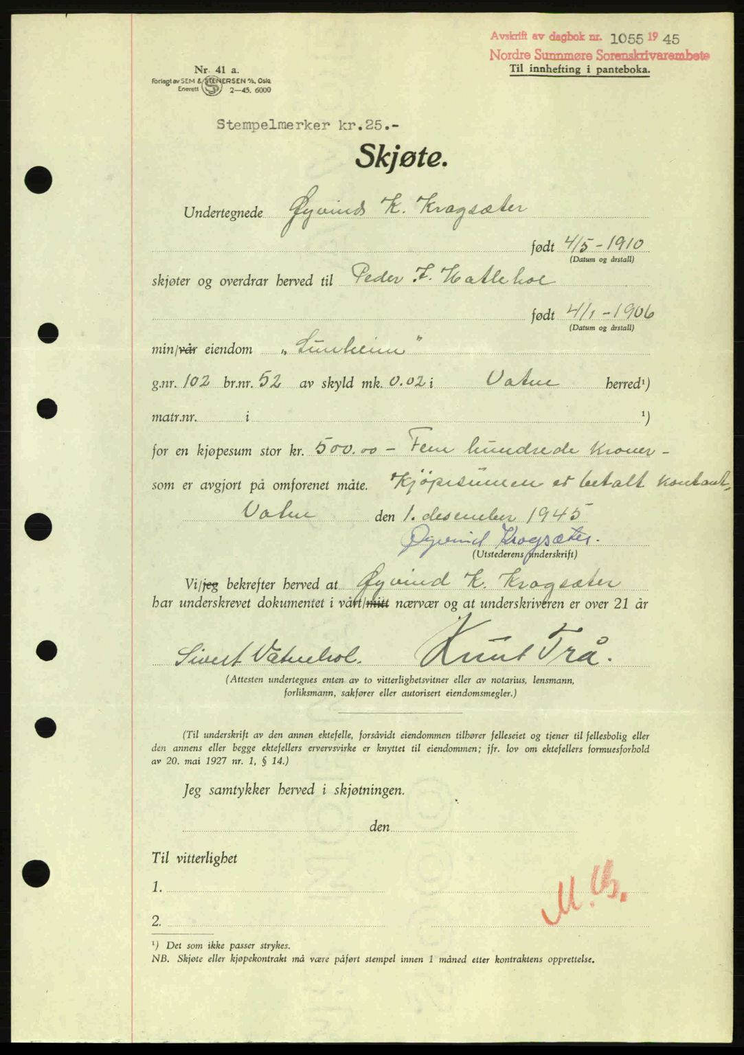 Nordre Sunnmøre sorenskriveri, AV/SAT-A-0006/1/2/2C/2Ca: Pantebok nr. A20a, 1945-1945, Dagboknr: 1055/1945