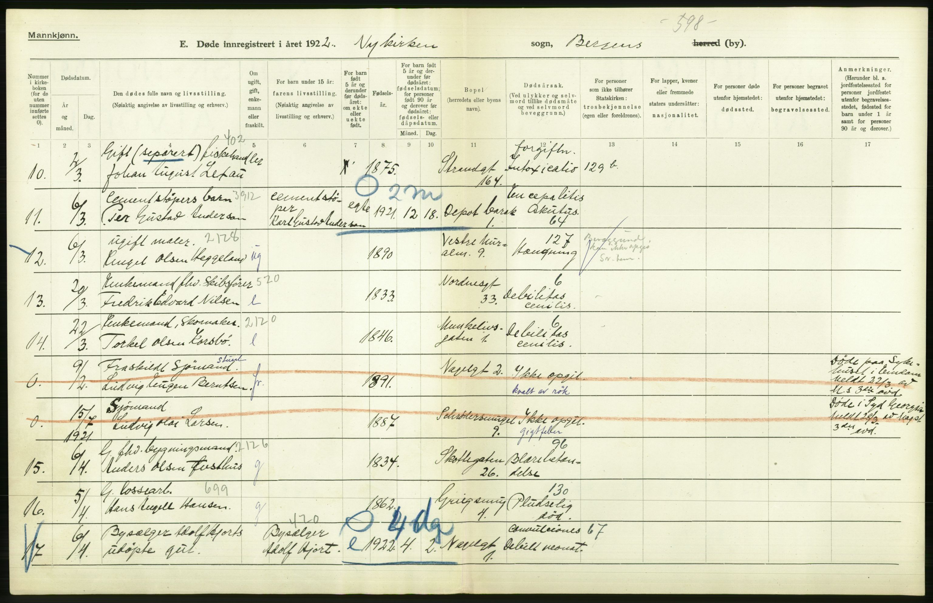 Statistisk sentralbyrå, Sosiodemografiske emner, Befolkning, AV/RA-S-2228/D/Df/Dfc/Dfcb/L0030: Bergen: Gifte, døde, dødfødte., 1922, s. 588