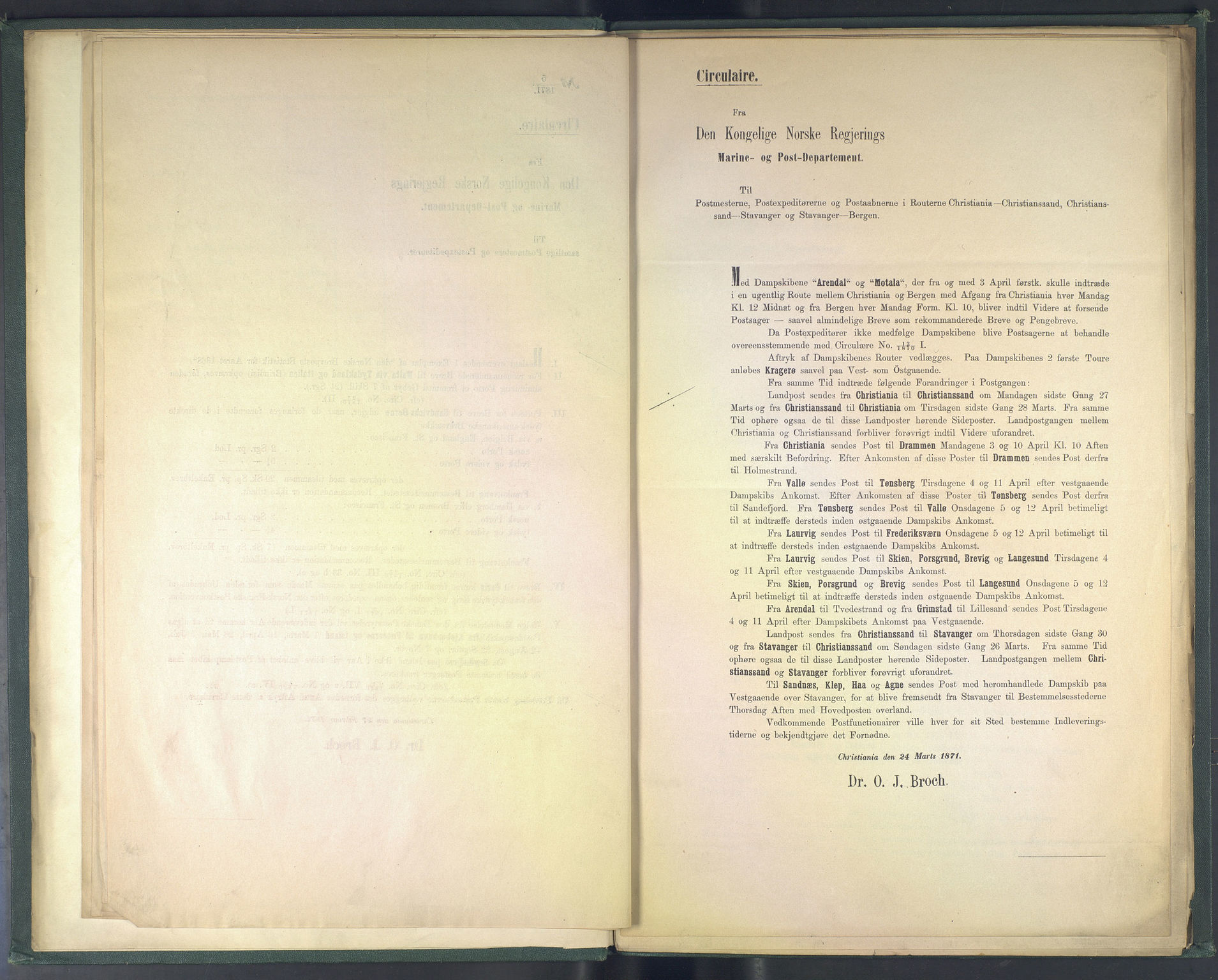 Norges Postmuseums bibliotek, NOPO/-/-/-: Sirkulærer fra Den Kongelige Norske Regjerings Marine- og Postdepartement, 1871