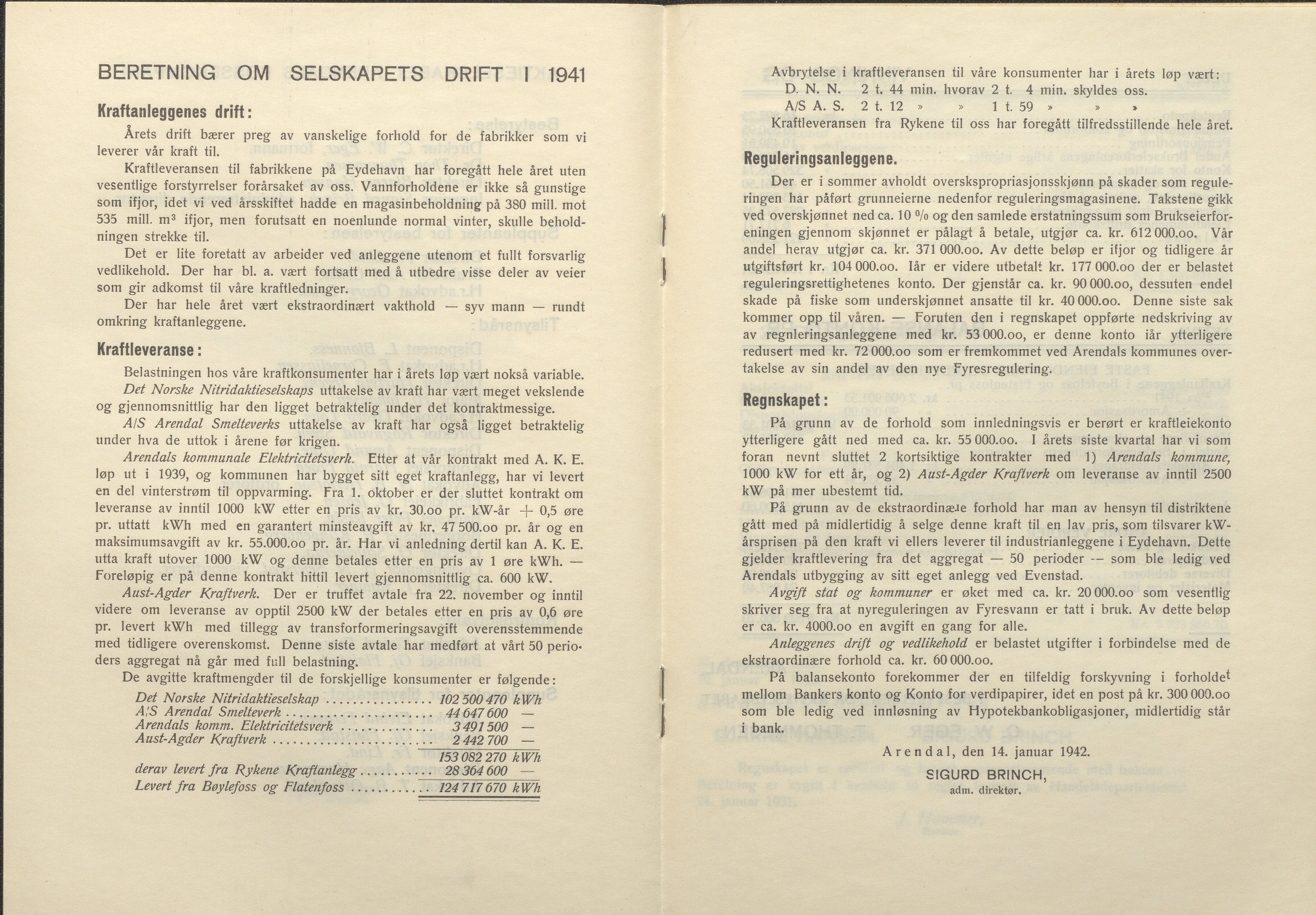 Arendals Fossekompani, AAKS/PA-2413/X/X01/L0001/0010: Beretninger, regnskap, balansekonto, gevinst- og tapskonto / Årsberetning og regnskap 1936 - 1942, 1936-1942