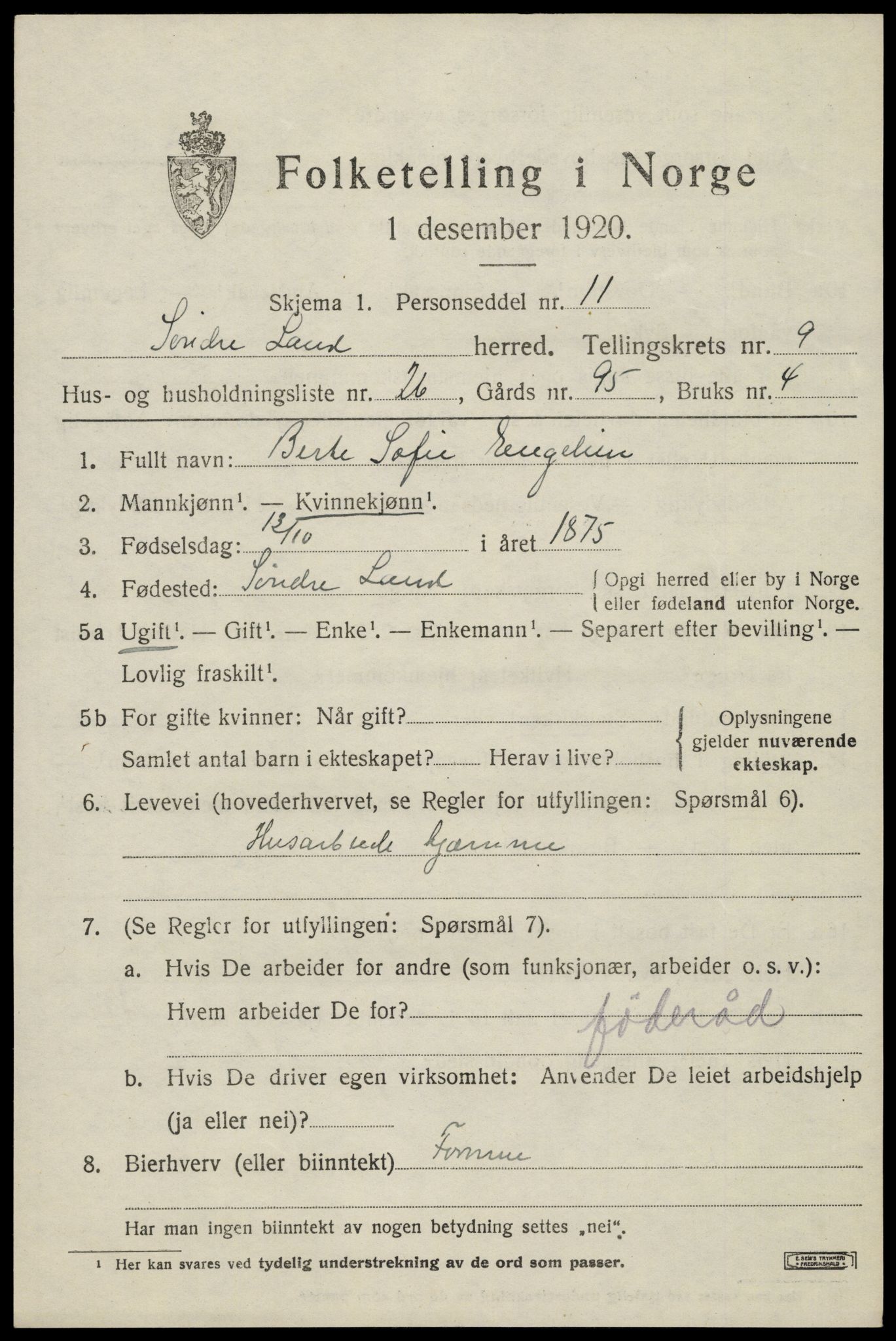 SAH, Folketelling 1920 for 0536 Søndre Land herred, 1920, s. 8497