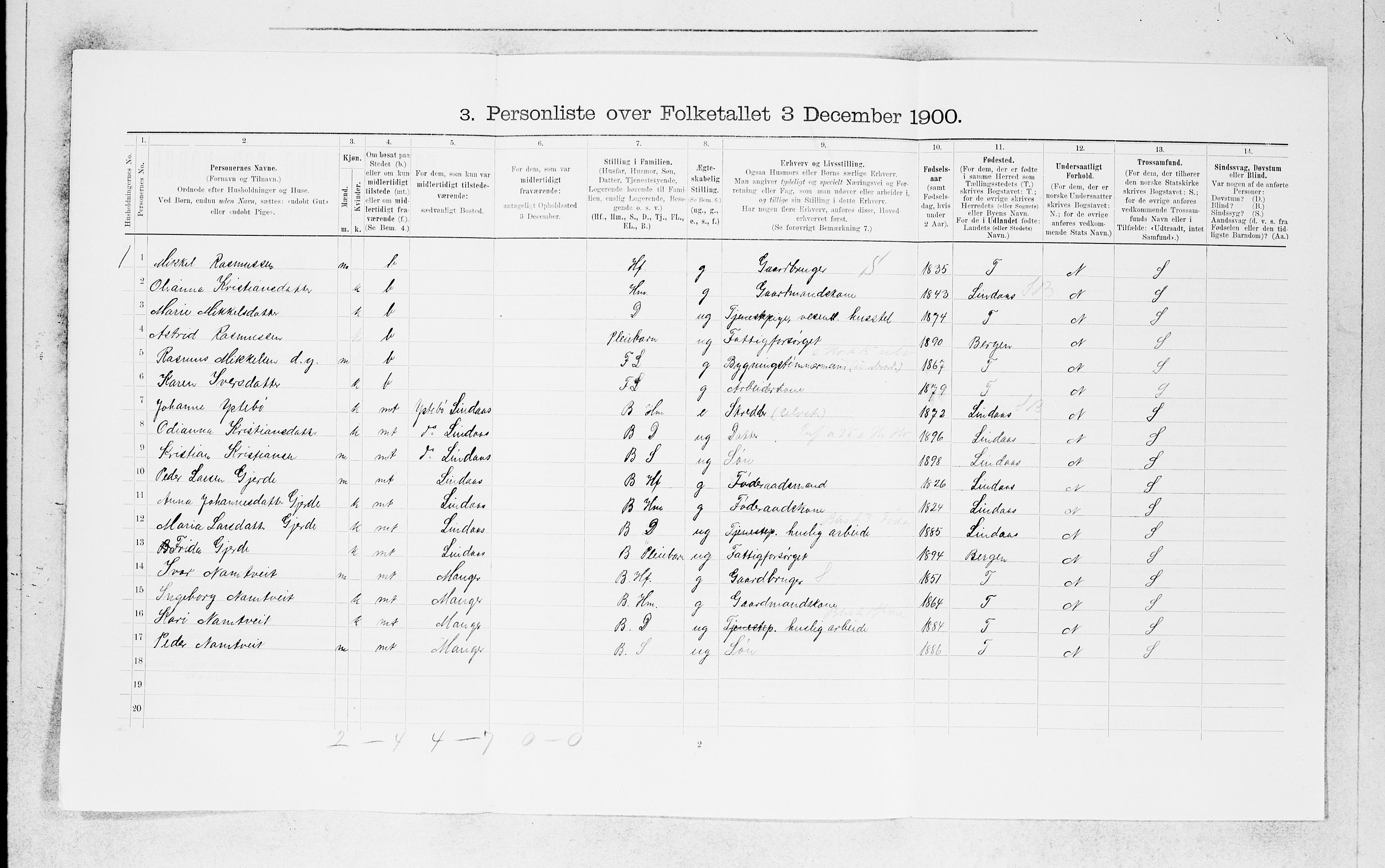 SAB, Folketelling 1900 for 1261 Manger herred, 1900, s. 1382
