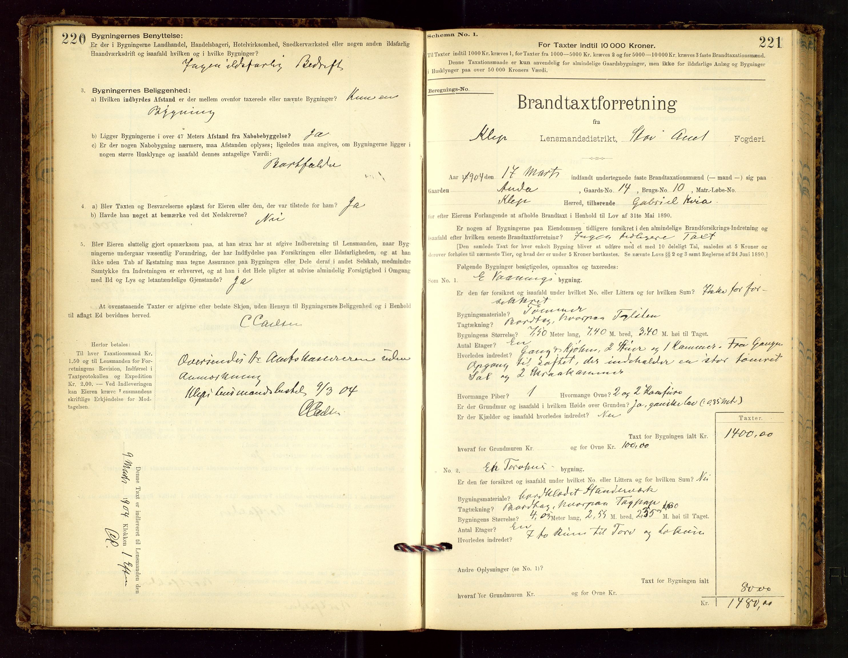 Klepp lensmannskontor, SAST/A-100163/Goc/L0002: "Brandtaxationsprotokol" m/register, 1898-1902, s. 220-221