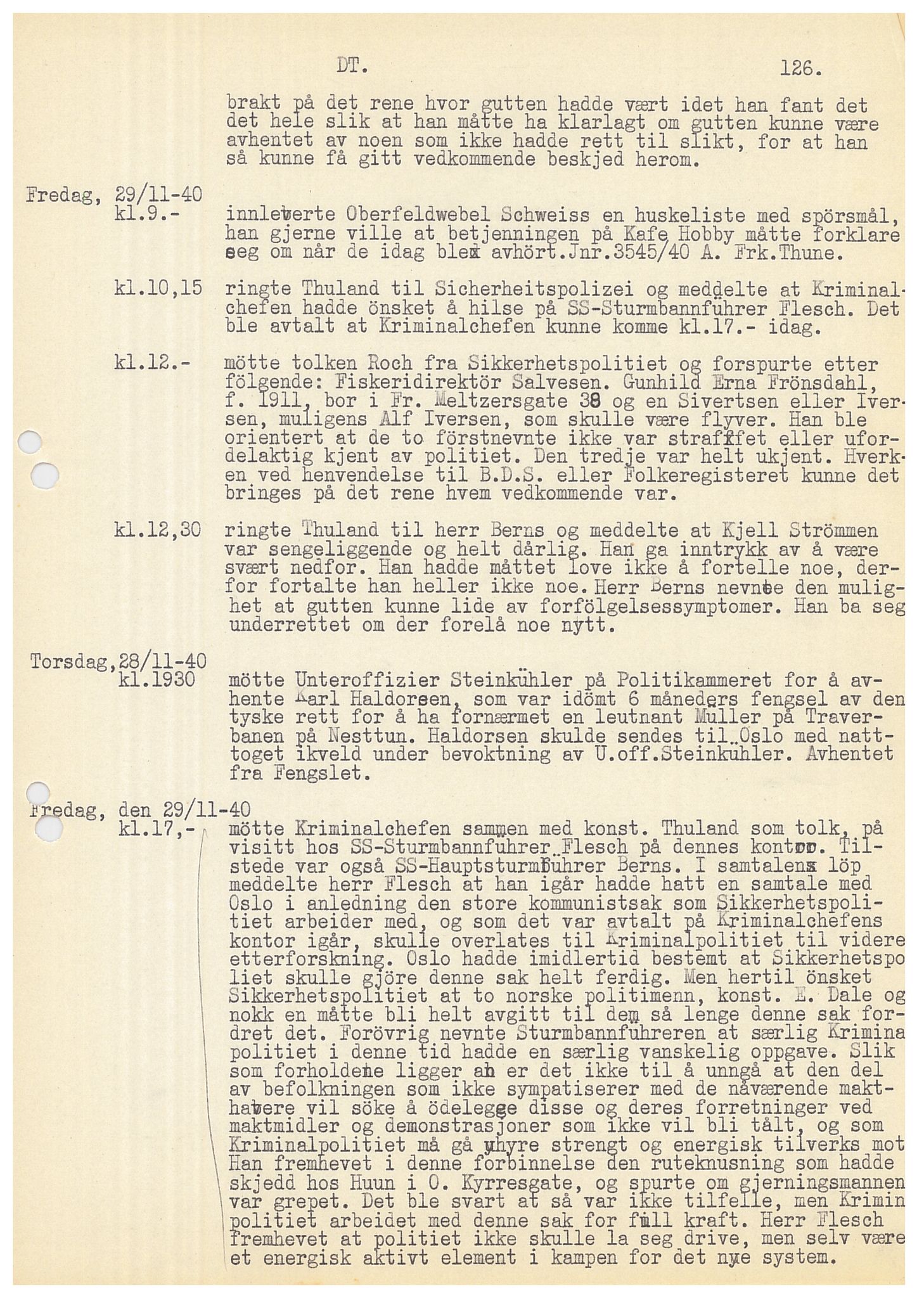 Bergen politikammer / politidistrikt, AV/SAB-A-60401/Y/Ye/L0001: Avskrift av krigsdagbok av Dankert Thuland, 1940-1941, s. 126