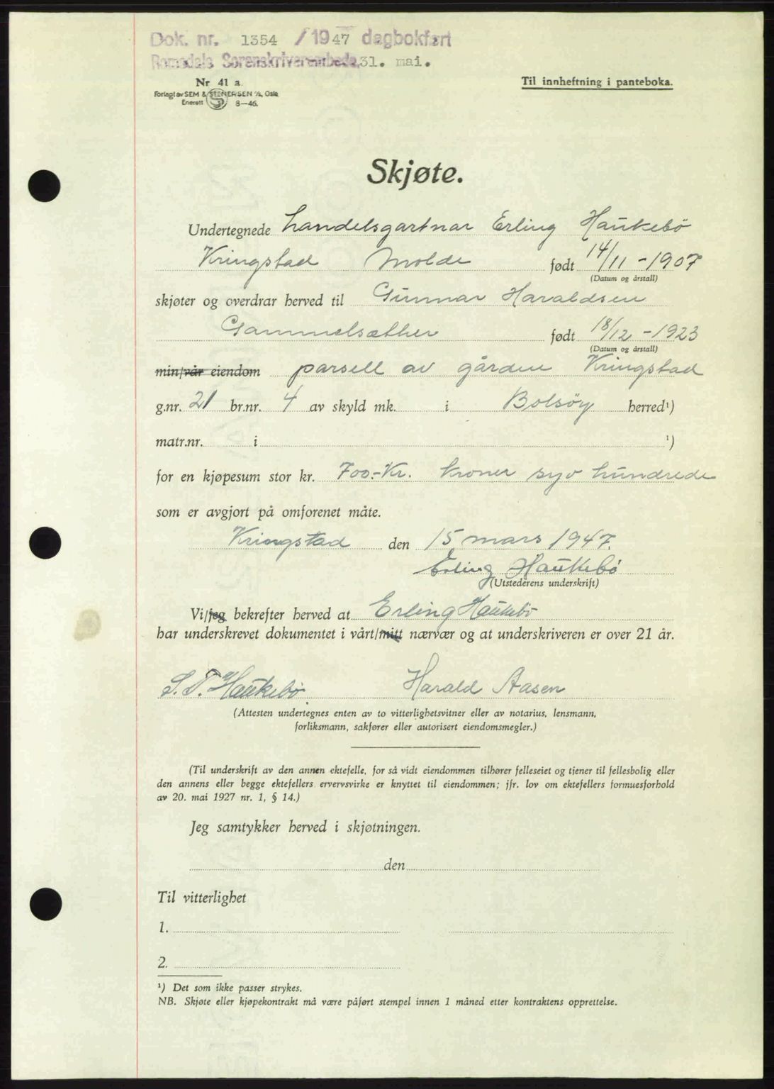Romsdal sorenskriveri, AV/SAT-A-4149/1/2/2C: Pantebok nr. A23, 1947-1947, Dagboknr: 1354/1947
