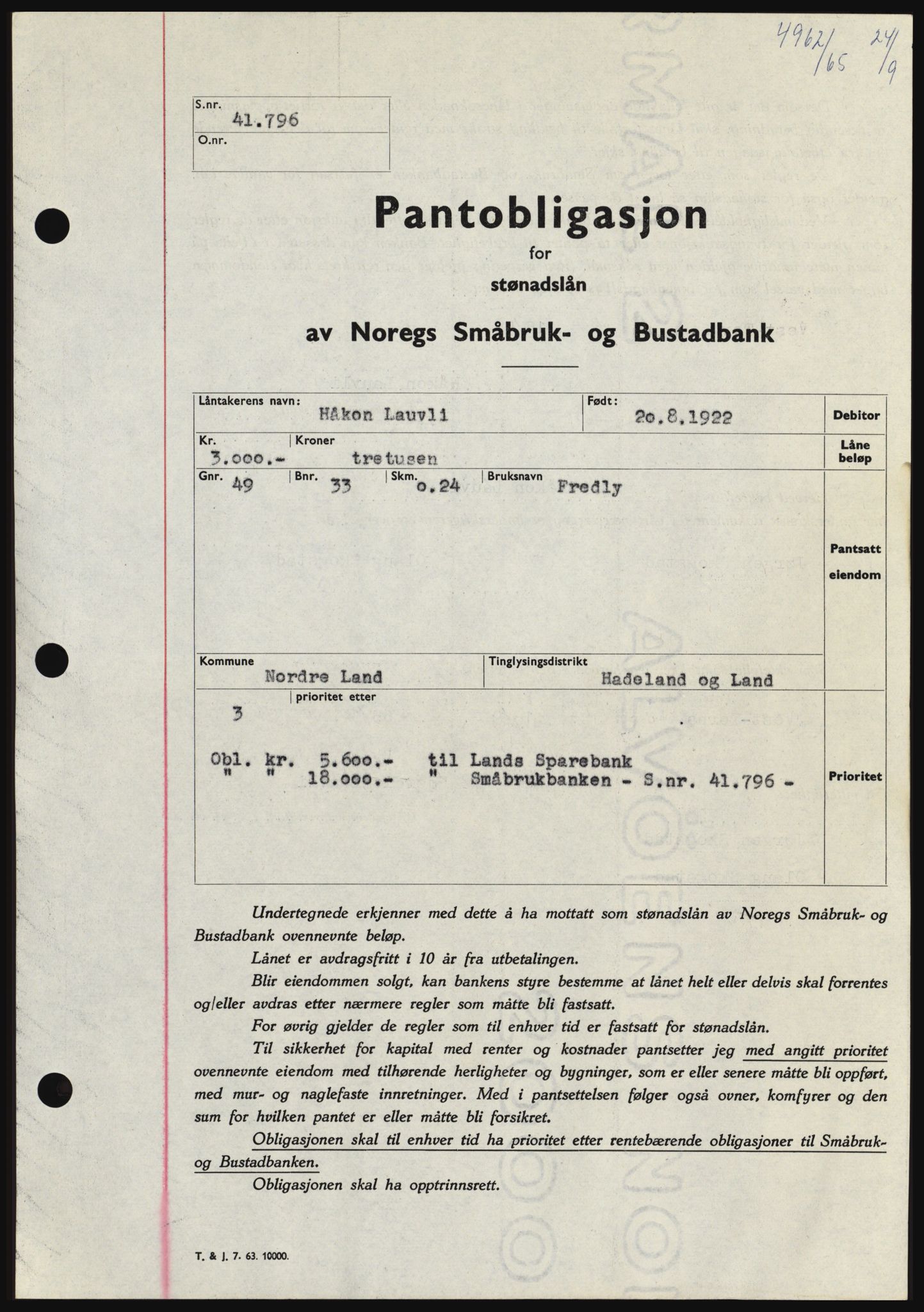 Hadeland og Land tingrett, SAH/TING-010/H/Hb/Hbc/L0060: Pantebok nr. B60, 1965-1965, Dagboknr: 4962/1965