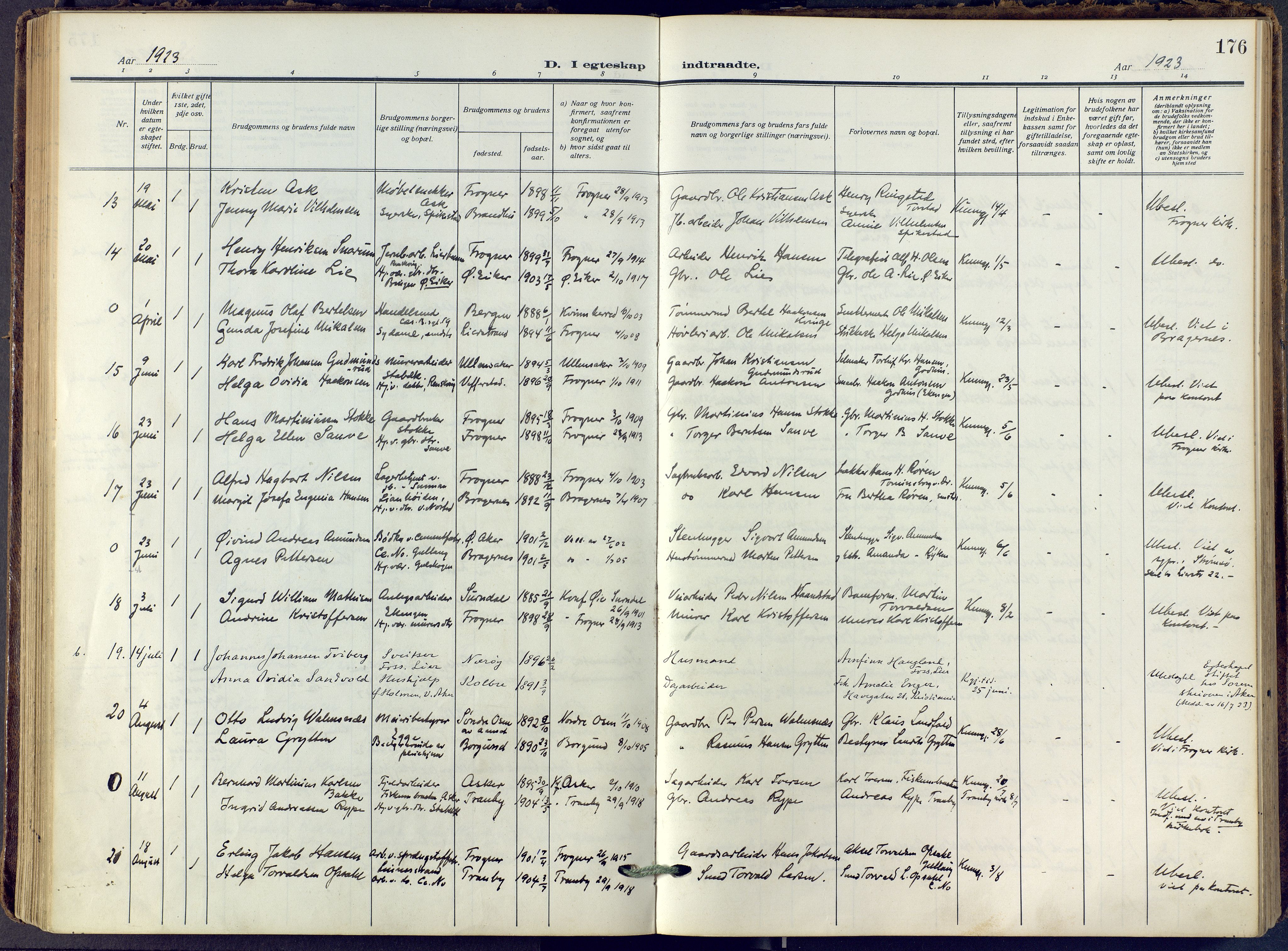 Lier kirkebøker, SAKO/A-230/F/Fa/L0019: Ministerialbok nr. I 19, 1918-1928, s. 176