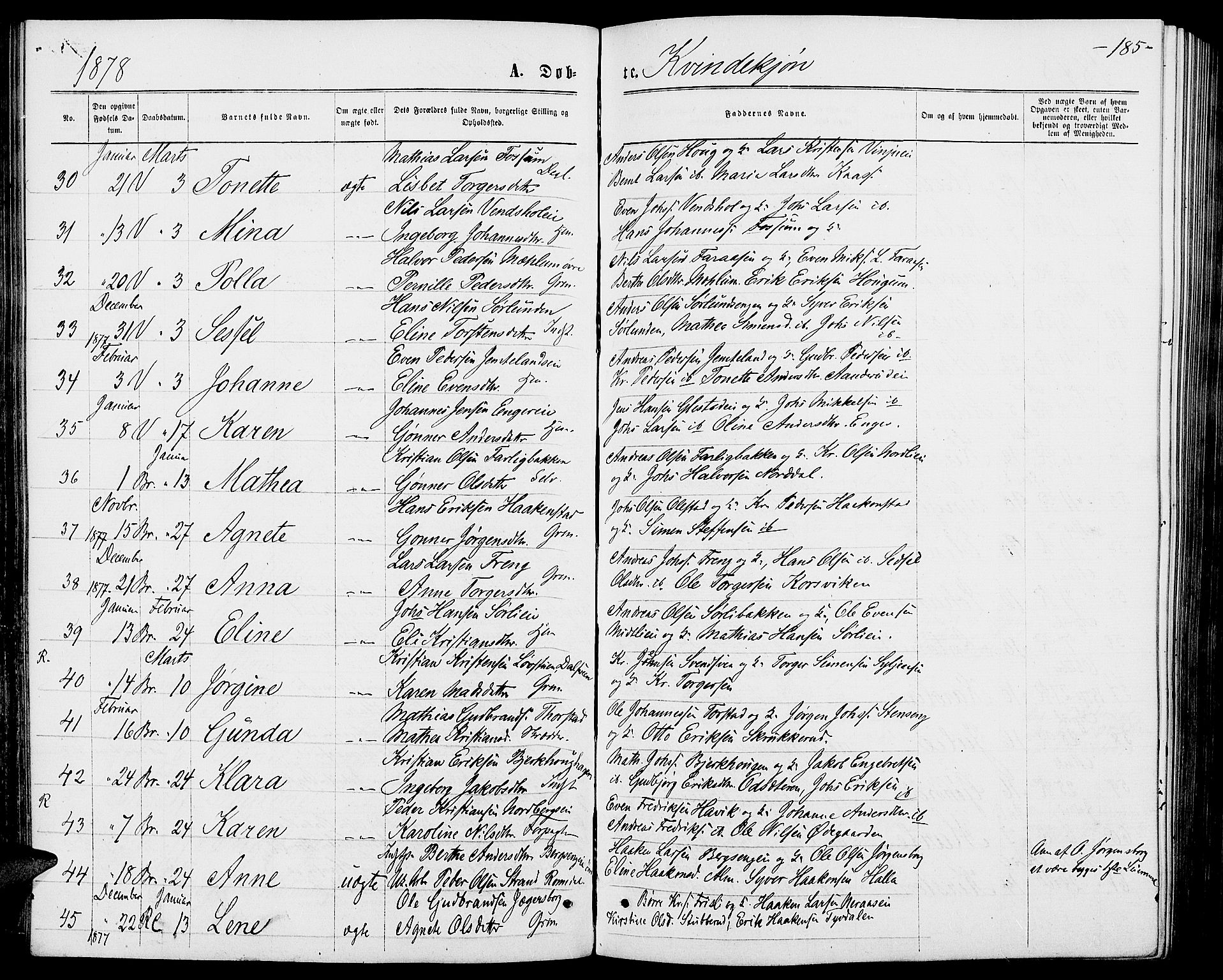Ringsaker prestekontor, AV/SAH-PREST-014/L/La/L0008: Klokkerbok nr. 8, 1870-1878, s. 185