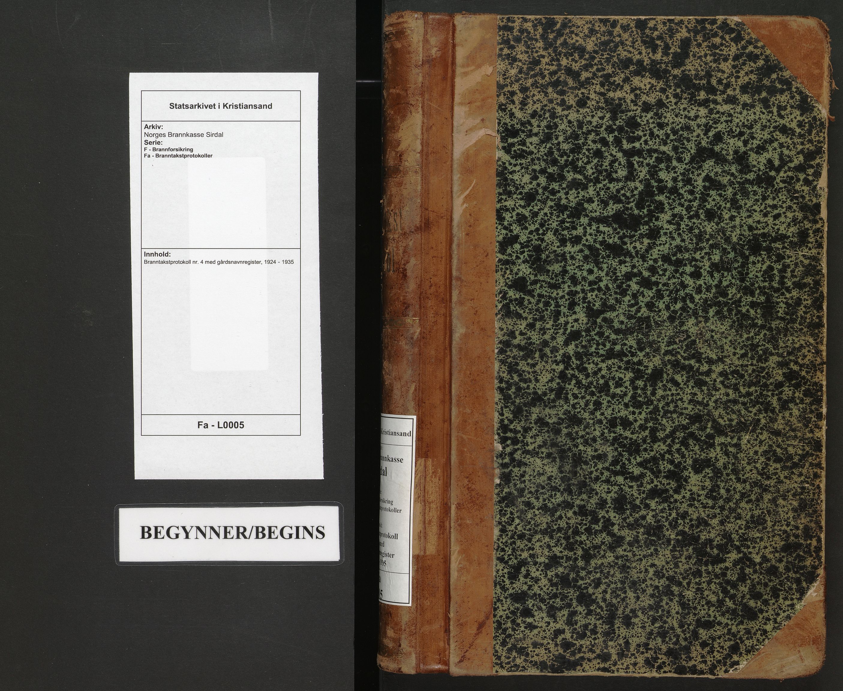 Norges Brannkasse Sirdal, AV/SAK-2241-0044/F/Fa/L0005: Branntakstprotokoll nr. 4 med gårdsnavnregister, 1924-1935